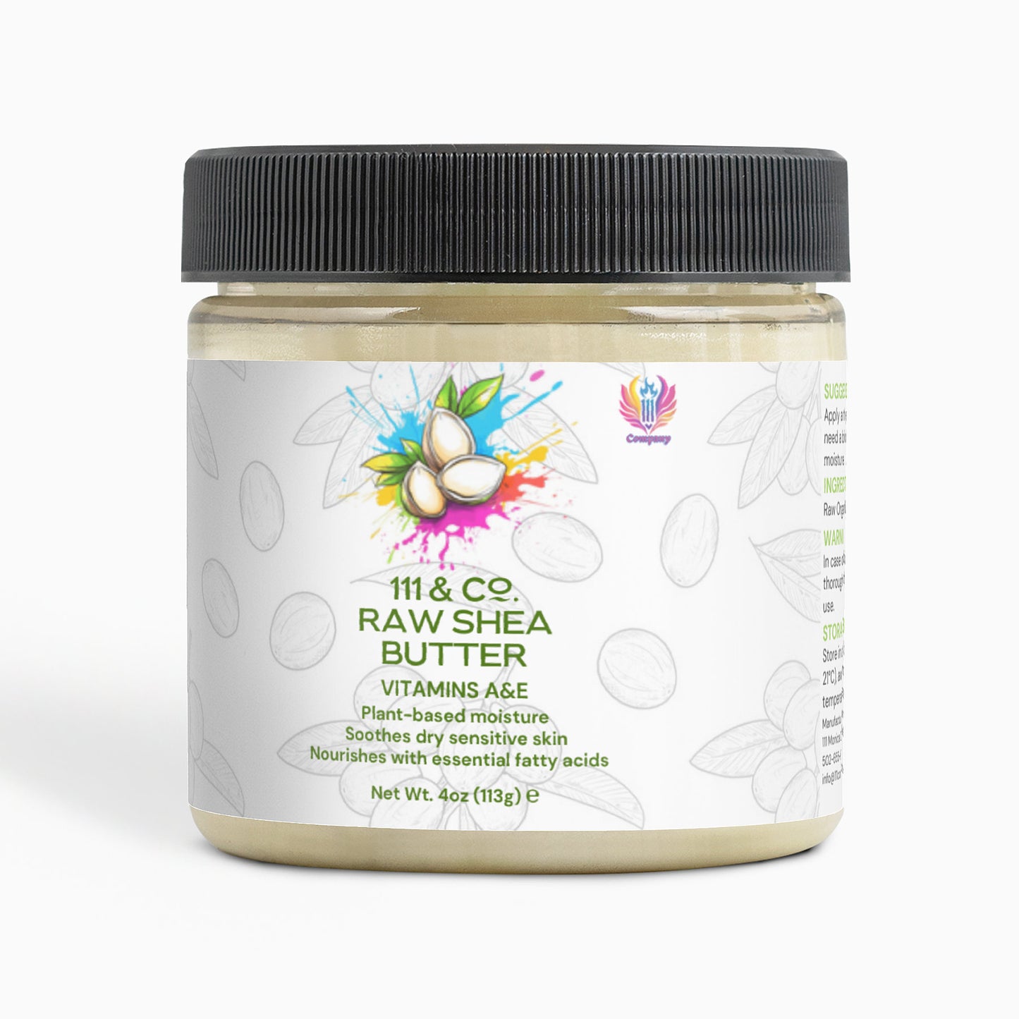 A 4 oz (113 g) jar of 111 & COMPANY RAW SHEA BUTTER by 111 & Company features a colorful shea nut illustration and offers plant-based nourishment with vitamins A and E for dry, sensitive skin.