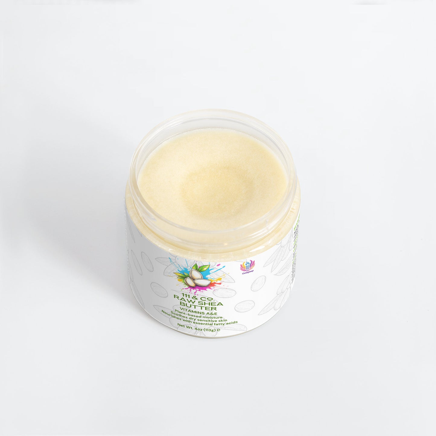 A clear jar with a white label showcases a light yellow, creamy substance. The label, adorned with colorful florals, reads 111 & COMPANY RAW SHEA BUTTER and highlights its plant-based moisturizer benefits. The 111 & Company product is set against a plain white background.