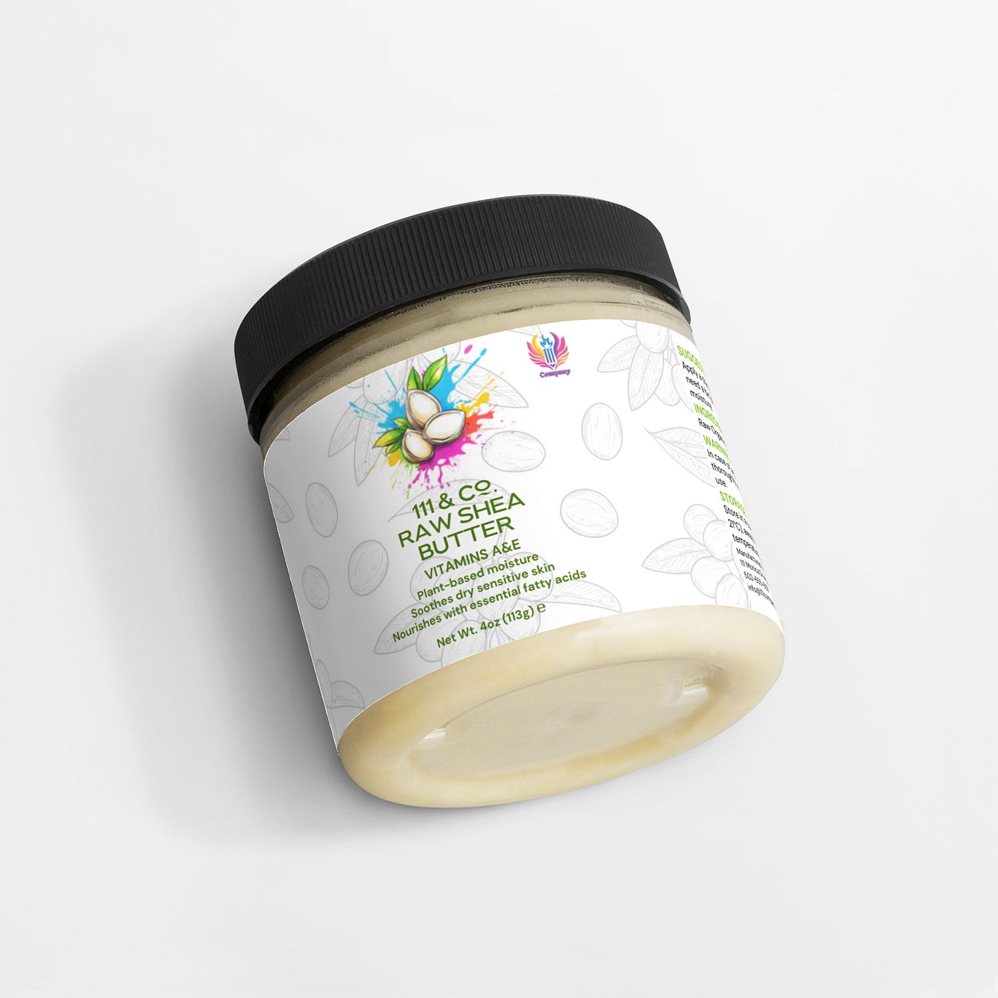 A jar of 111 & COMPANY RAW SHEA BUTTER by 111 & Company sits against a white background. The label, featuring shea nuts, leaves, and a colorful logo, highlights Vitamins A & E and amino acids. Weighing 7oz (198g), this plant-based moisturizer has a black lid and is artfully tilted.
