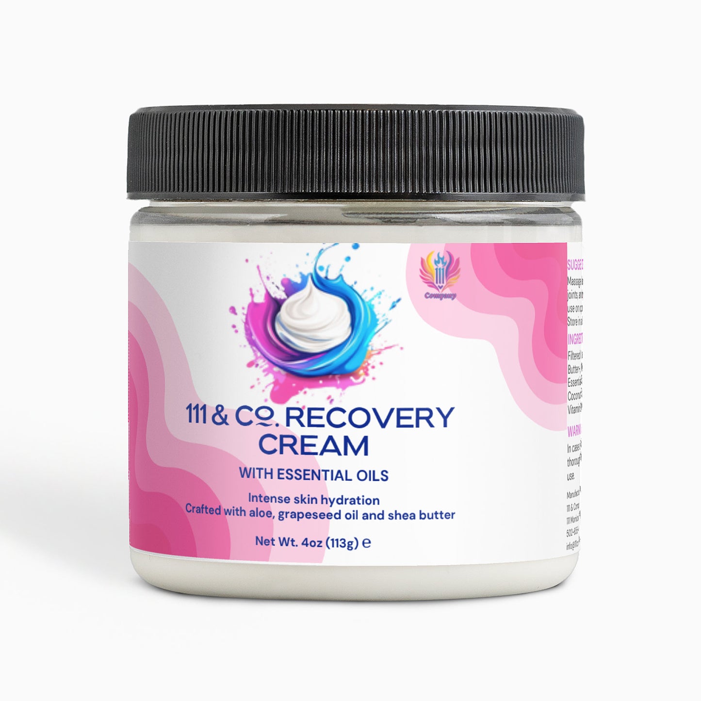 A 4oz jar of 111 & COMPANY RECOVERY CREAM from 111 & Company. The black-lidded jars label features a colorful splash with cream swirl, highlighting intense skin hydration using aloe, grapeseed oil, and shea butter—your go-to for nourishing care.