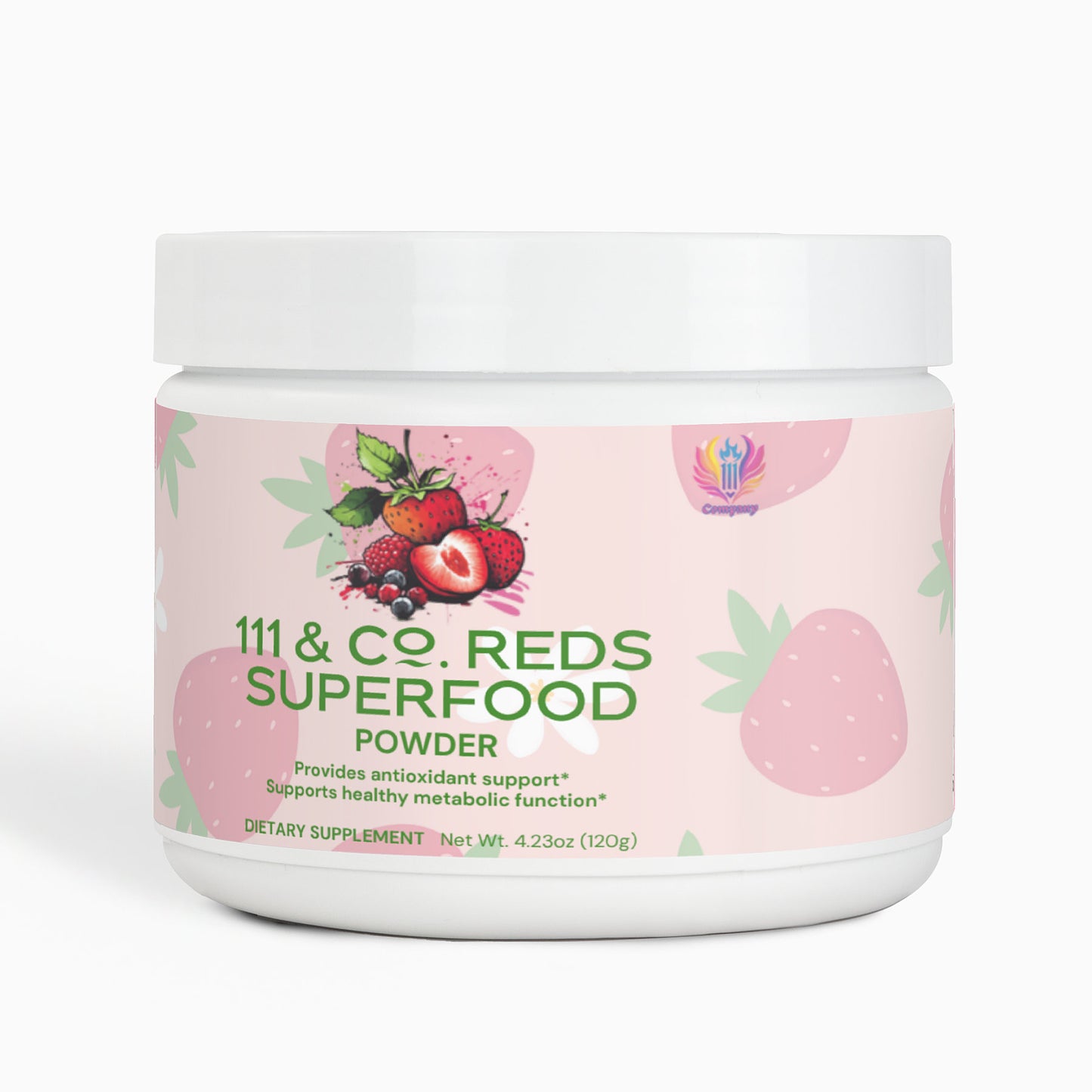 A 4.23oz (120g) jar of 111 & COMPANY REDS SUPERFOOD by 111 & Company features a vibrant reds powder with strawberries and leaves on a light pink label, promoting antioxidant support and essential nutrients for healthy metabolic function, with a small logo at the top.