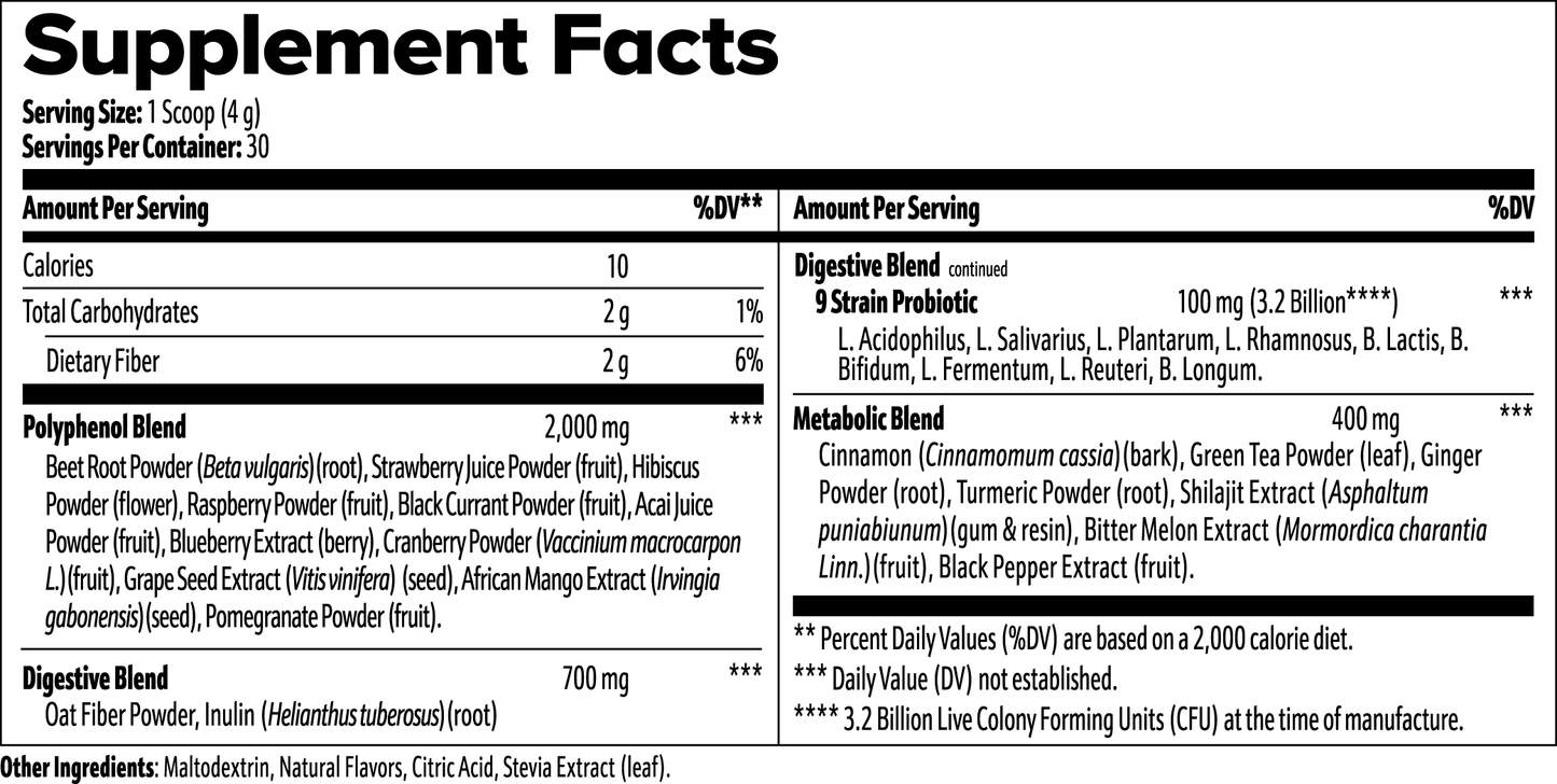 The black and white supplement facts label for 111 & Company Reds Superfood by 111 & Company lists a serving size of 1 scoop (4 g) with 30 servings per container. It details essential nutrients, antioxidants, digestive and metabolic blends, and includes daily values and CFU notes.