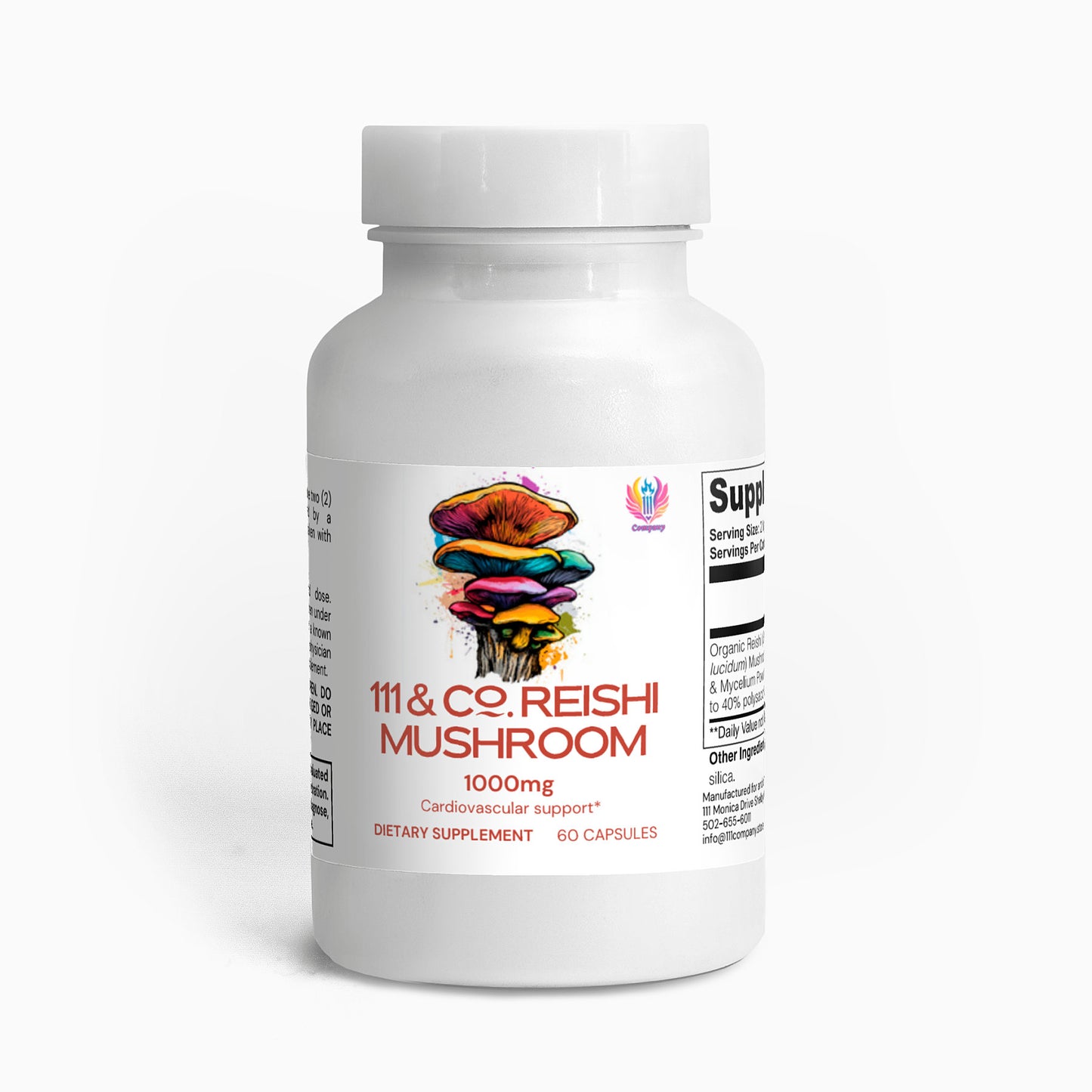 A white bottle of 111 & Company Reishi Mushroom 1000 mg capsules, enhanced with adaptogenic mushrooms for cardiovascular and immune support. The label features colorful mushroom art, contains 60 capsules, and partially shows the supplement facts.