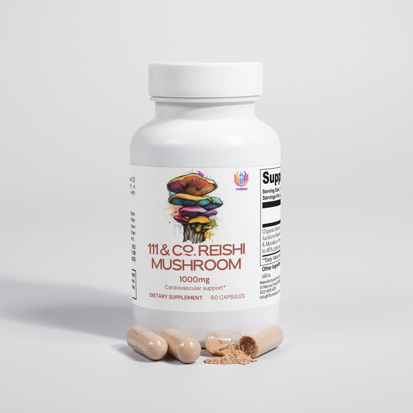 A white bottle of 111 & Company Reishi Mushroom 1000 mg Capsules by 111 & Company showcases vibrant mushrooms. The label highlights cardiovascular and immune support, containing 60 capsules. Displayed with three capsules and some spilled powder on a white background.