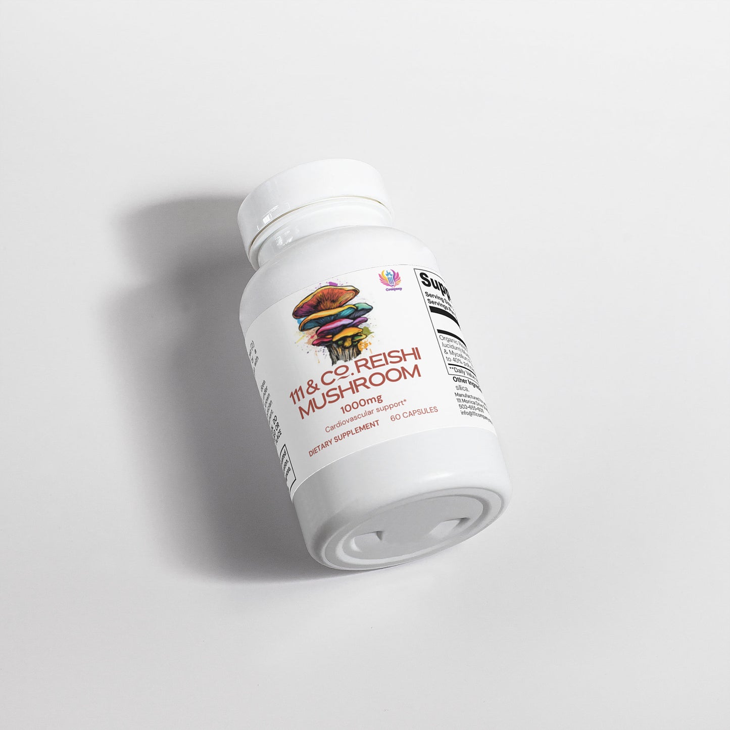 A white bottle labeled 111 & Company Reishi Mushroom 1000 mg Capsules by 111 & Company stands on a plain background, spotlighting its adaptogenic mushroom prowess. The label indicates 60 capsules inside. Slightly tilted, the bottle casts a soft shadow, embodying immune system support.