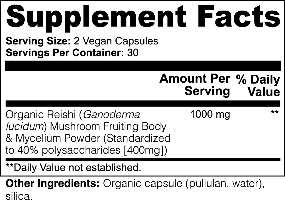 The 111 & Company Reishi Mushroom 1000 mg Capsules by 111 & Company feature a supplement facts label for vegan capsules. Each two-capsule serving contains 1000 mg of organic reishi mushroom, with 40% polysaccharides, and other ingredients like organic capsule and silica. Daily value not established.