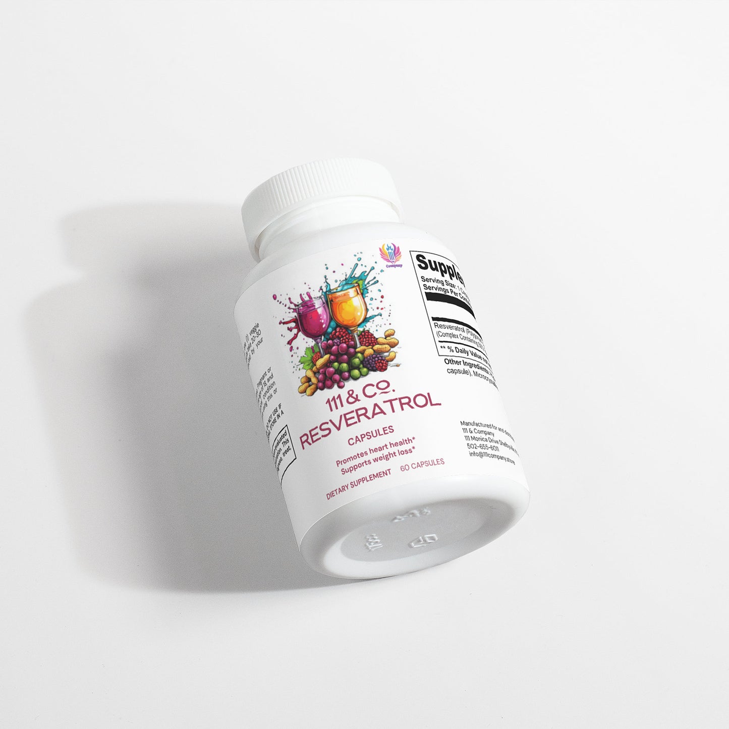 A bottle of 111 & Company Resveratrol 50% 600 mg capsules from 111 & Company sits on a white surface. The label, featuring illustrations of wine glasses, grapes, and berries, highlights its antioxidant properties. Dietary Supplement and 60 Capsules are noted alongside the nutritional information.