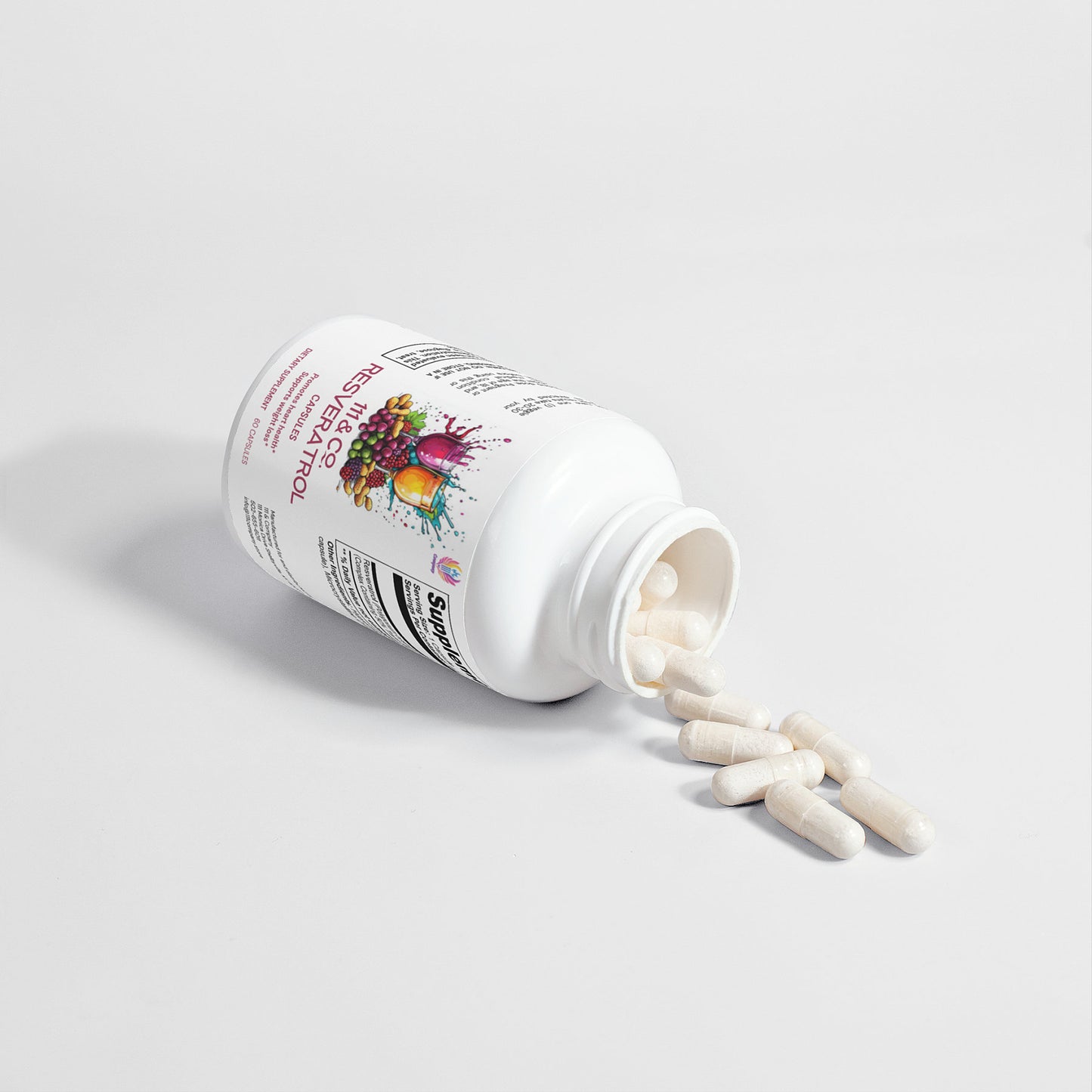 A tipped-over white bottle of 111 & COMPANY RESVERATROL 50% 600 MG CAPSULES from 111 & Company rests on a plain background with antioxidant-rich capsules spilling out. The label features colorful graphics, emphasizing Resveratrol as the key dietary supplement ingredient.