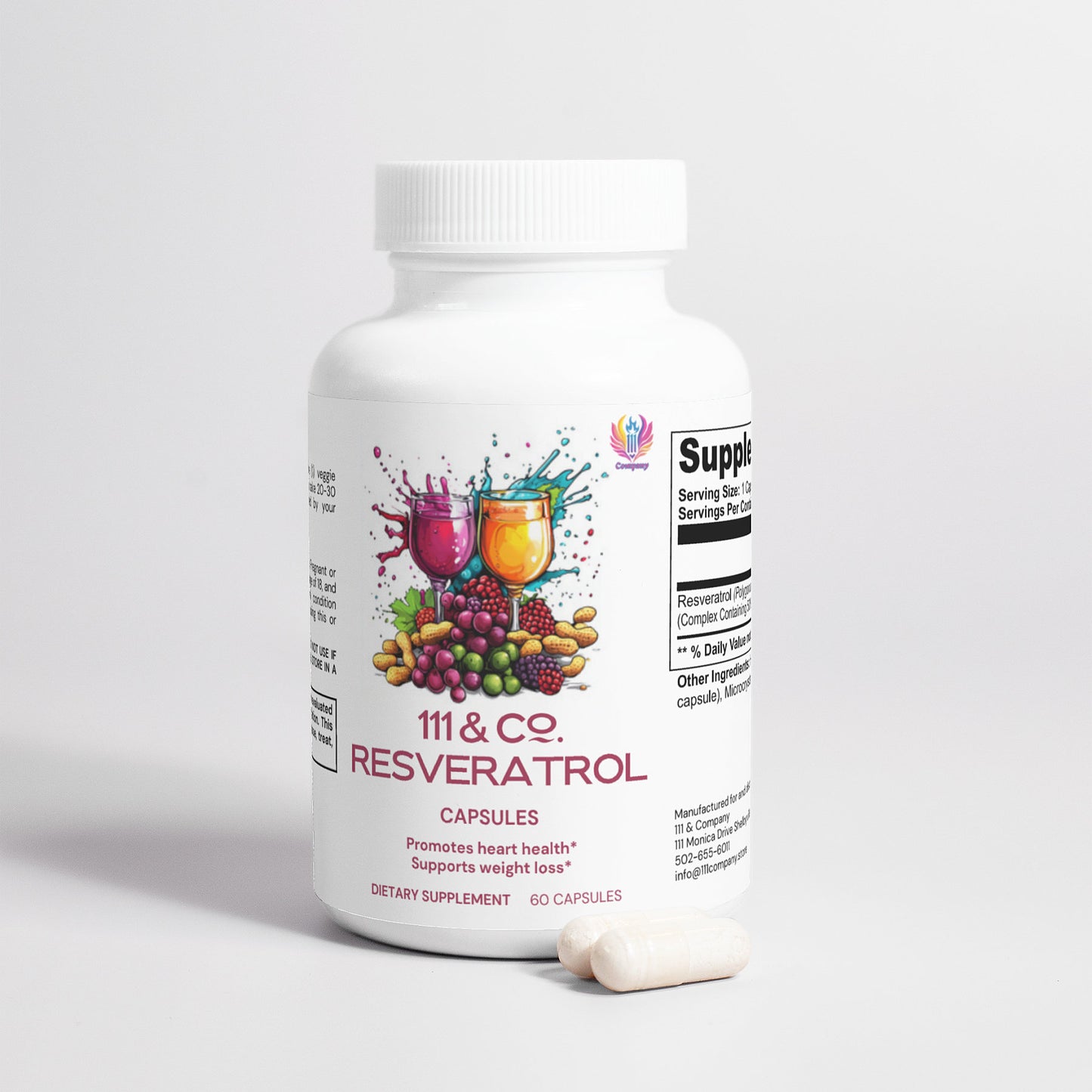 A white bottle of 111 & Company Resveratrol 50% 600 mg Capsules by 111 & Company is shown with two capsules. The label, featuring wine glasses and grapes, highlights antioxidant benefits like promoting heart health and supporting weight loss. The bottle contains 60 capsules.