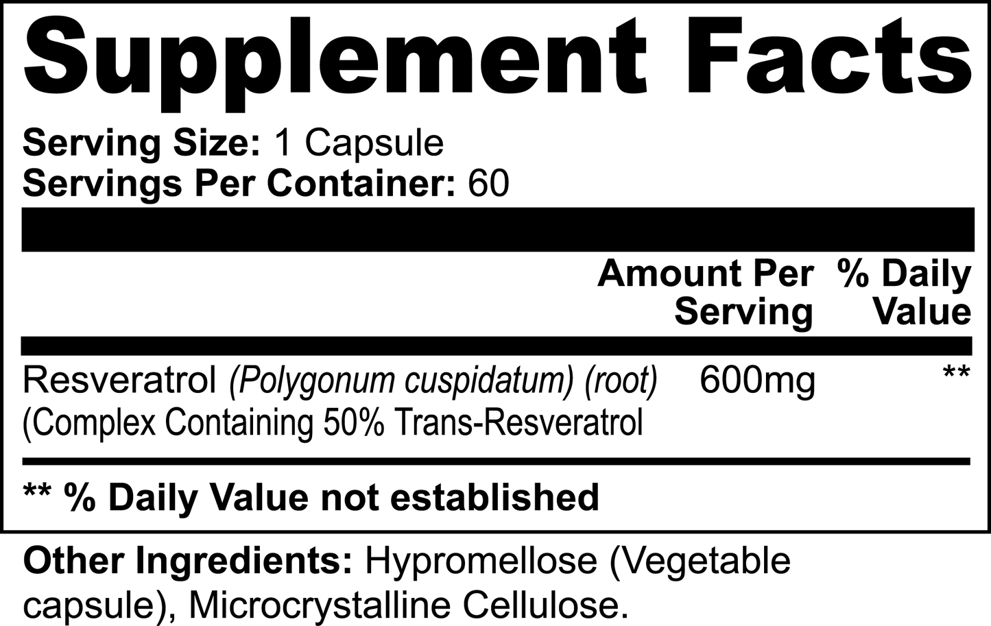 The label for 111 & COMPANY RESVERATROL 50% 600 MG CAPSULES illustrates supplement facts: Each capsule offers 600mg of resveratrol from Polygonum cuspidatum root, with a potency of 50% trans-resveratrol. Contains 60 servings. Other ingredients include hypromellose and microcrystalline cellulose.