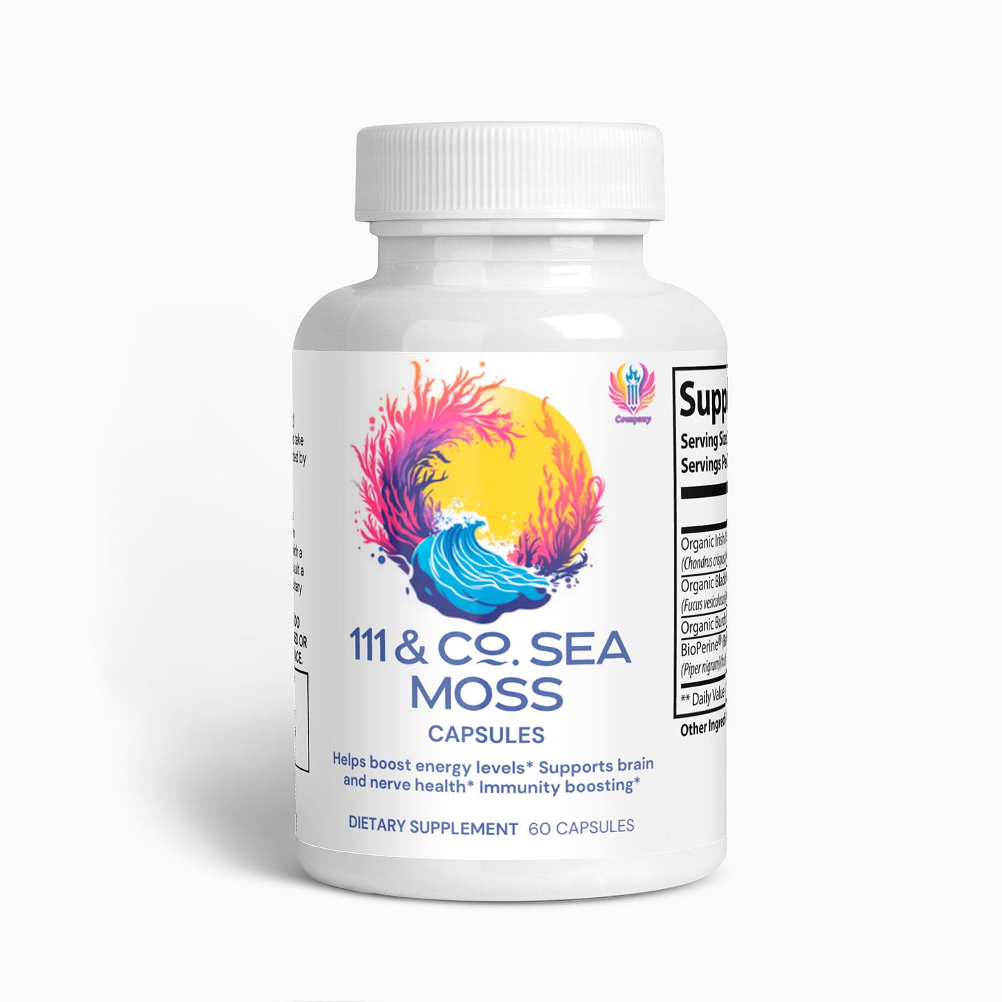 A white bottle of 111 & COMPANY SEA MOSS CAPSULES by 111 & Company features vibrant ocean-themed artwork, highlighting energy boosts, brain and nerve support, and immunity enhancement with organic bladderwrack. Contains 60 dietary supplement capsules.