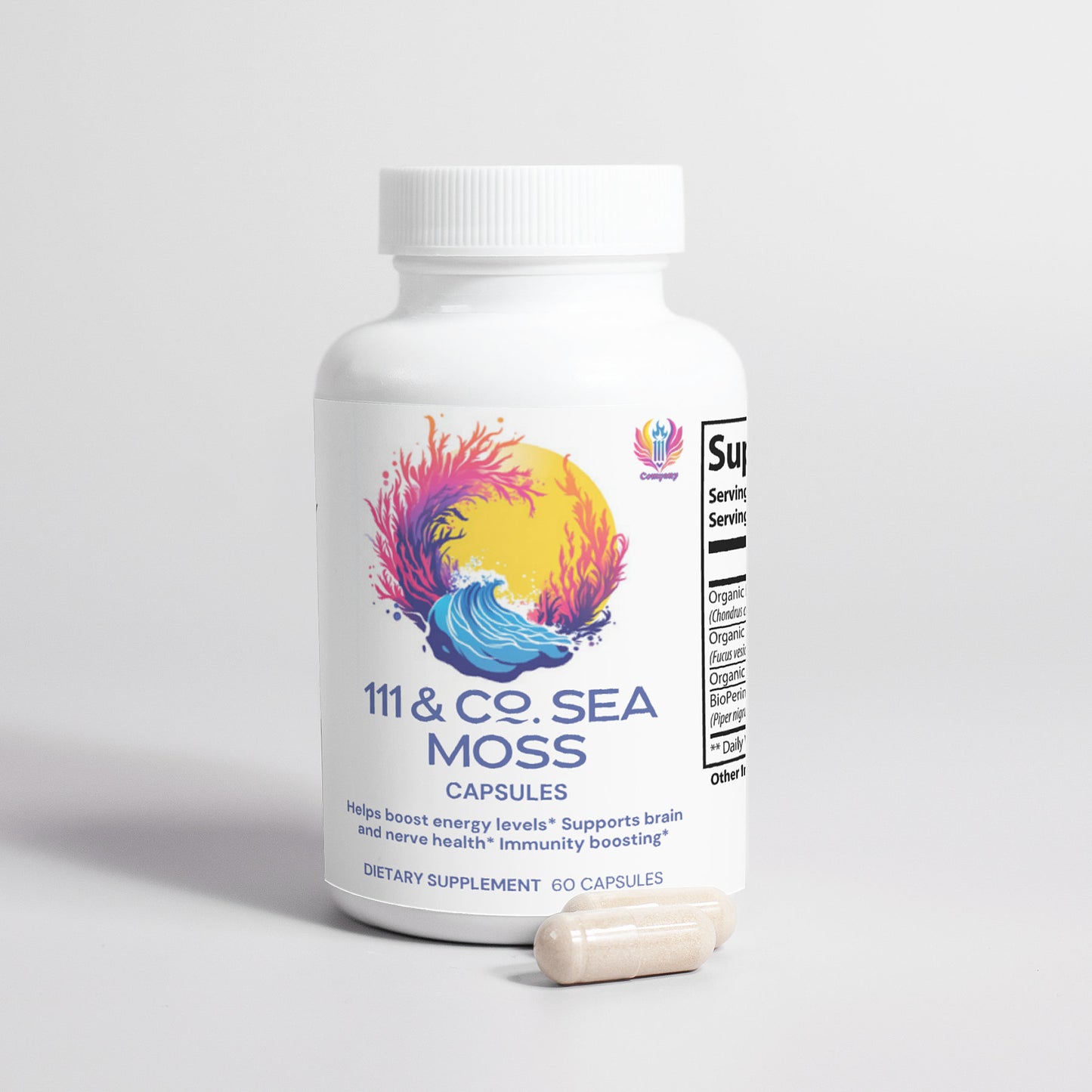 A retro-designed white 111 & COMPANY SEA MOSS CAPSULES bottle, featuring a sun and waves illustration, sits beside two beige capsules. From 111 & Company, it contains 60 capsules with organic bladderwrack, claiming to boost energy and support brain and nerve health.