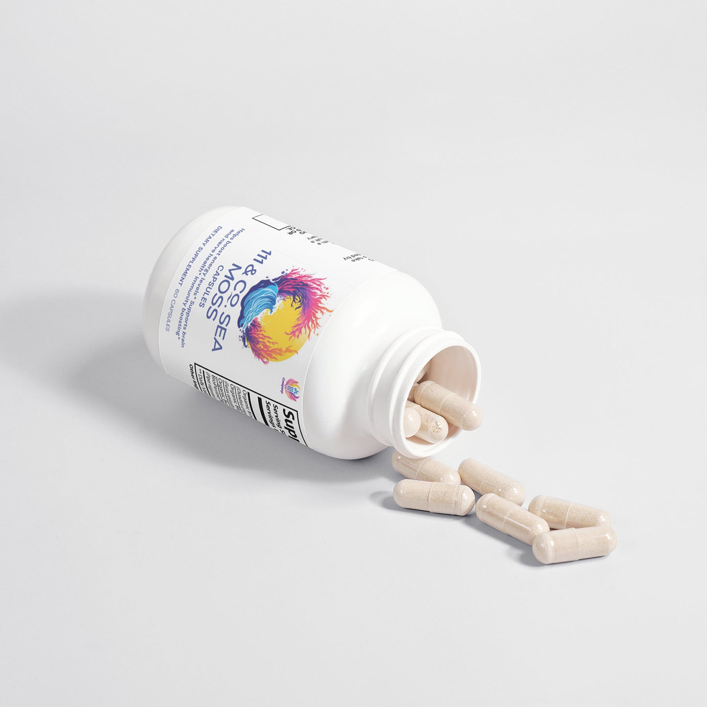 A white bottle labeled 111 & Company Sea Moss Capsules lies on a white surface, spilling beige capsules of organic bladderwrack. The label features a colorful swirl and barcode, branded by 111 & Company, with shadows from the capsules adding depth to the scene.