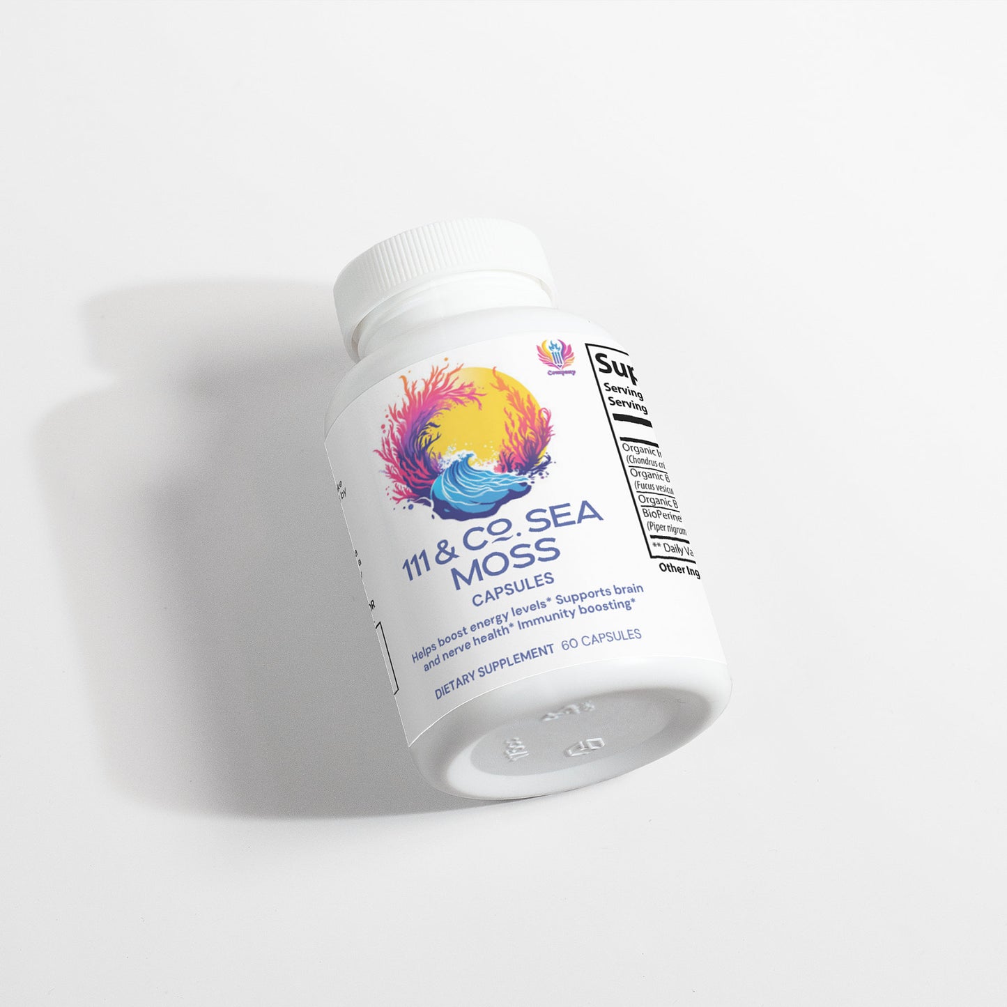 A white bottle of 111 & COMPANY SEA MOSS CAPSULES sits on a plain background. The label features colorful wave and coral designs, promoting benefits like supports brain health and boosts immunity. Enhanced with organic bladderwrack, it holds 60 dietary supplement capsules.