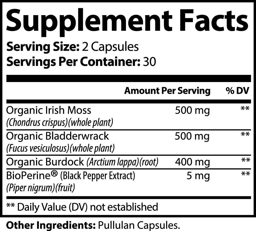 Supplement Facts label for 111 & Company Sea Moss Capsules: Serving Size: 2 Capsules, 30 Servings. Contains Organic Irish Moss 500 mg, Organic Bladderwrack 500 mg, Burdock Root 400 mg, BioPerine (Black Pepper Extract) 5 mg. Daily Values not established. Pullulan capsule included.