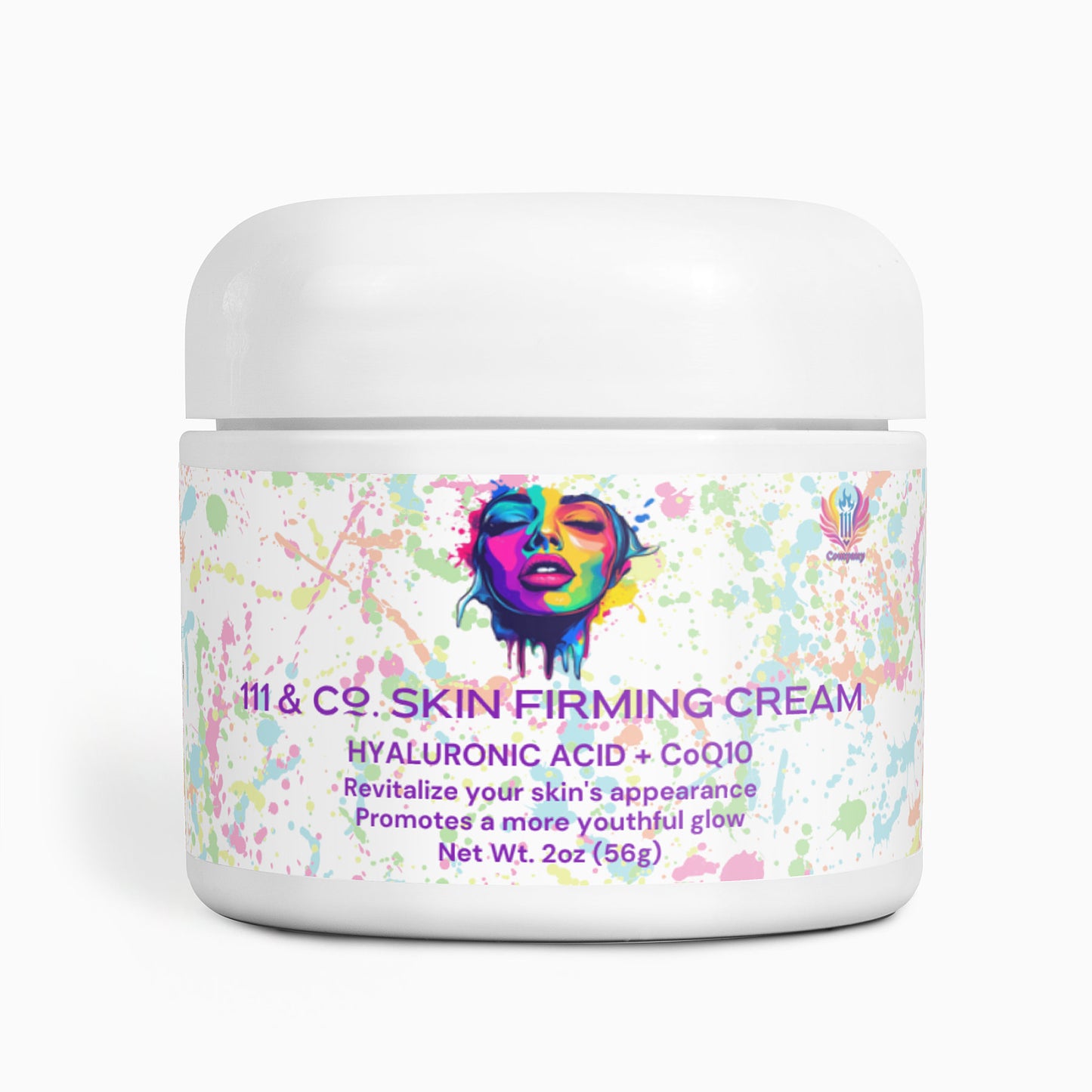 The 111 & Company Skin Firming Cream from 111 & Company is a white jar adorned with colorful splash art featuring a vibrant womans face. With Hyaluronic Acid, CoQ10, and DMAE, it revitalizes skin for a youthful glow. The jar holds 2 oz (56g) of this rejuvenating cream.