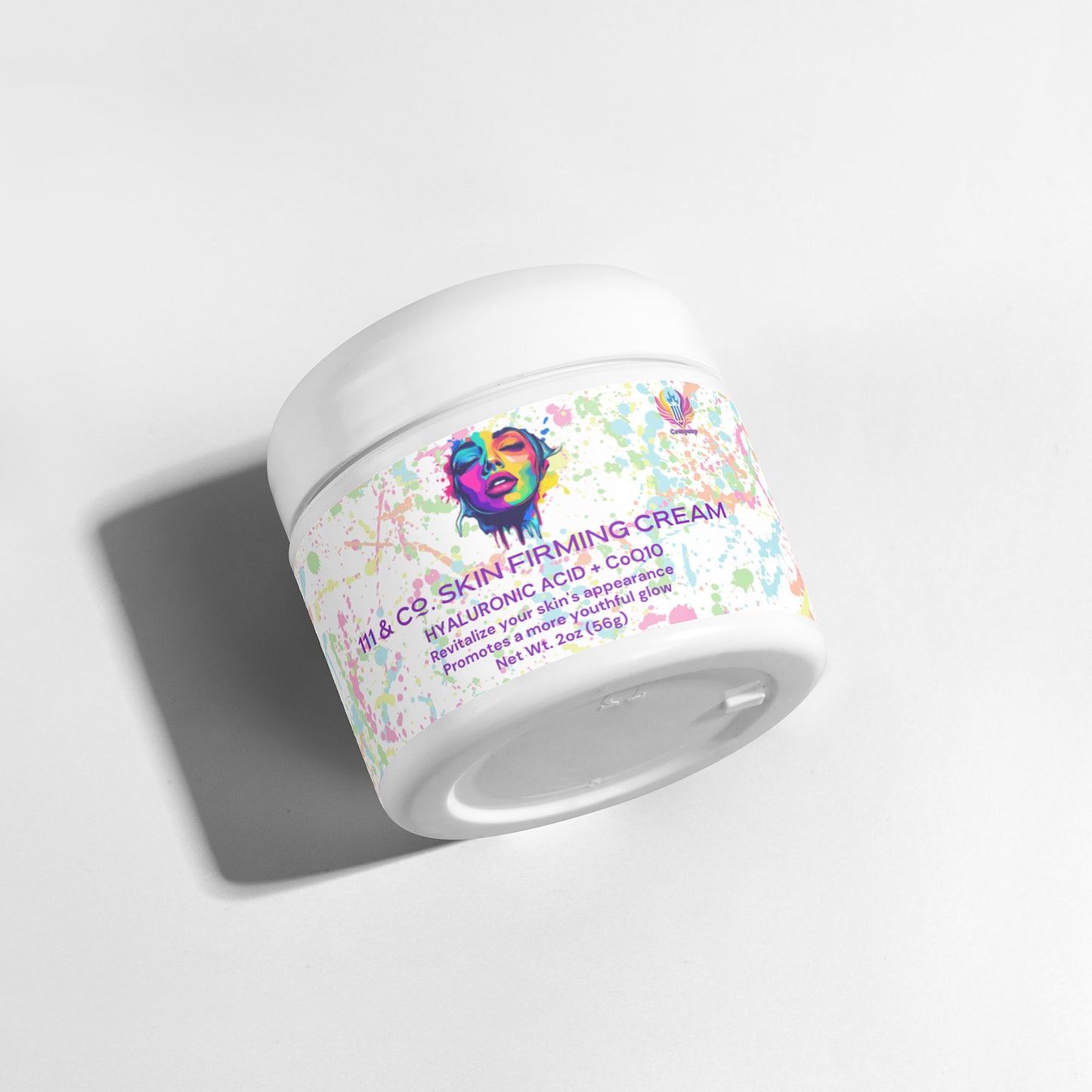 A white jar of 111 & COMPANY SKIN FIRMING CREAM with DMAE lies on its side against a plain background. The label features colorful abstract art, a stylized face, and text about the benefits of hyaluronic acid and collagen, casting a soft shadow on the surface.