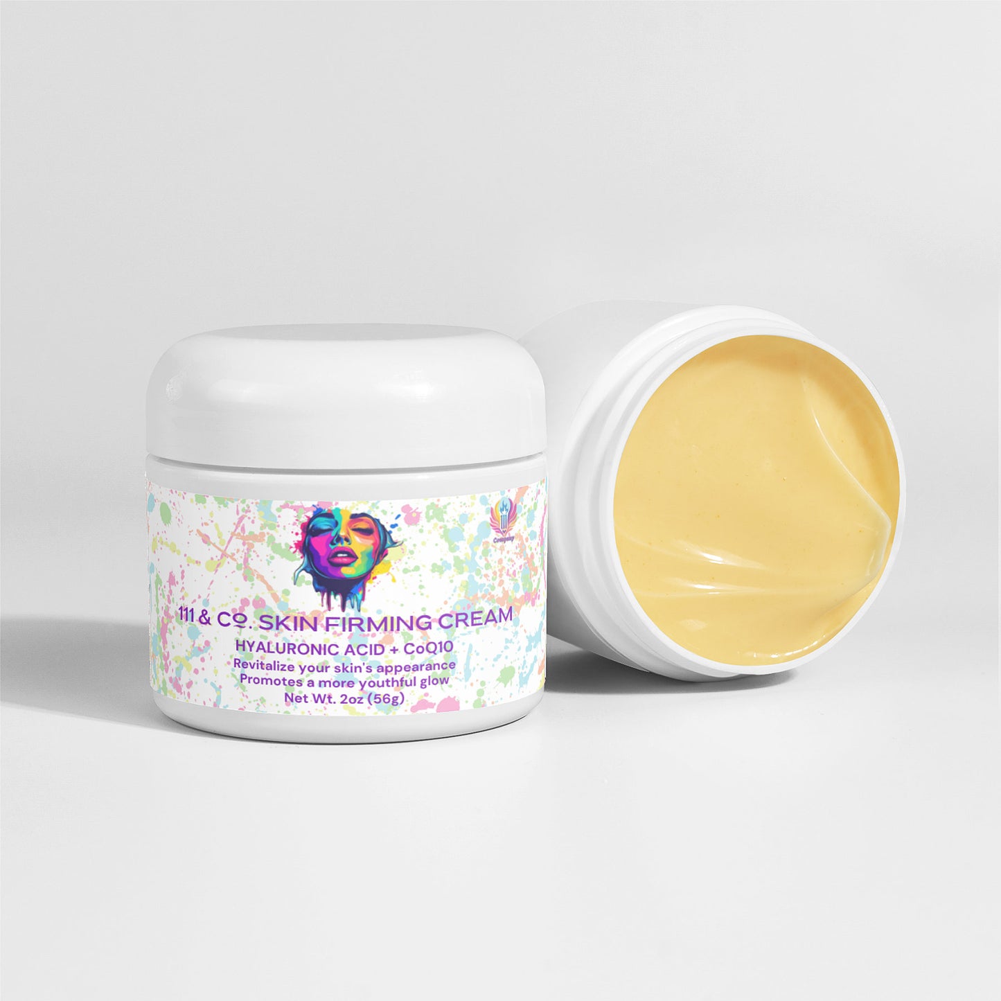 A white jar of 111 & COMPANY SKIN FIRMING CREAM by 111 & Company sits open, revealing a creamy yellow mix with Hyaluronic Acid and DMAE. The label, with colorful artwork of a womans face, highlights Hyaluronic Acid + CoQ10. The jar contains 2 oz (56g) of cream.