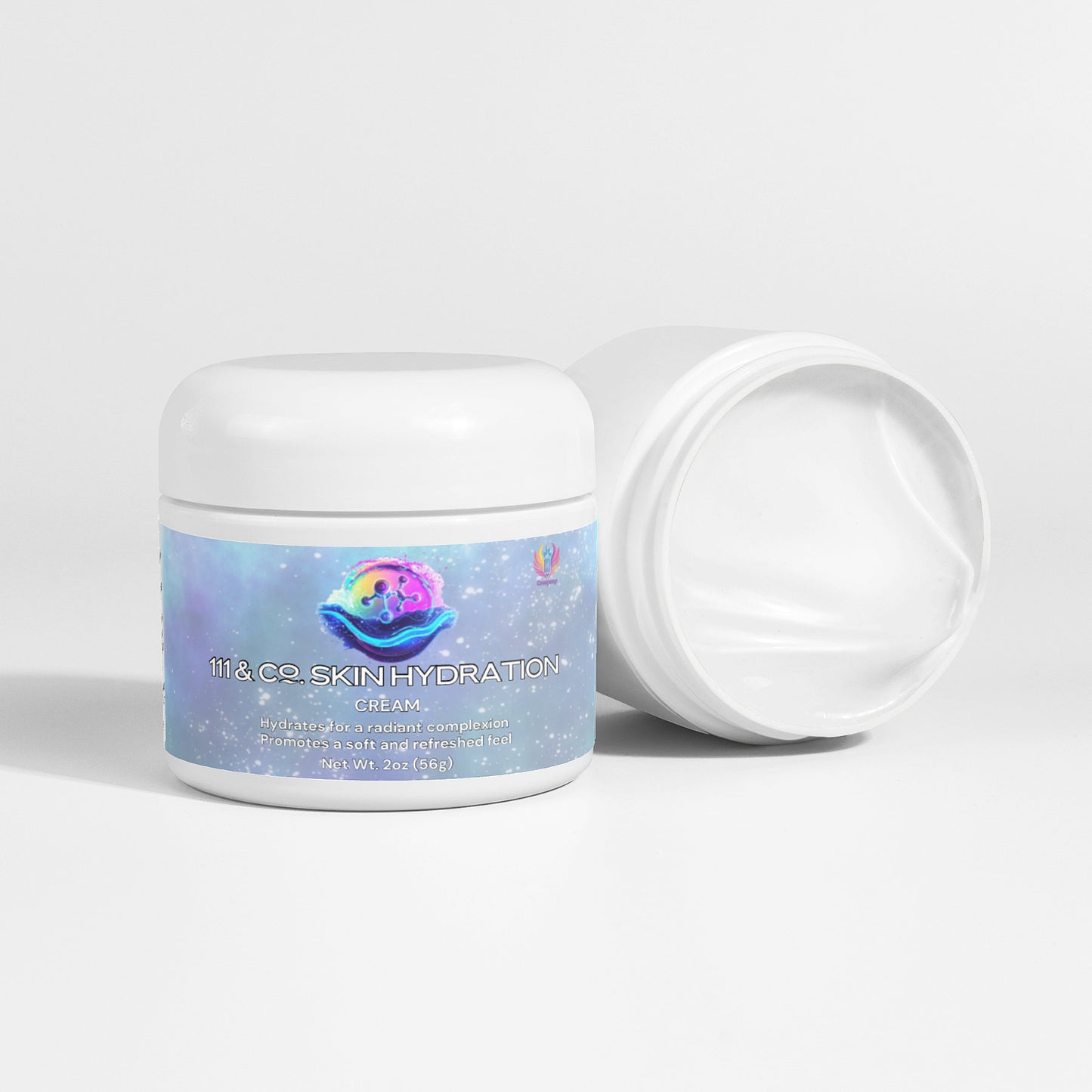 A jar of 111 & Co. Skin Hydration Cream, with hyaluronic acid for skin elasticity, features a colorful label. Another opened jar shows the creamy texture inside, showcasing its vibrant graphics and text.