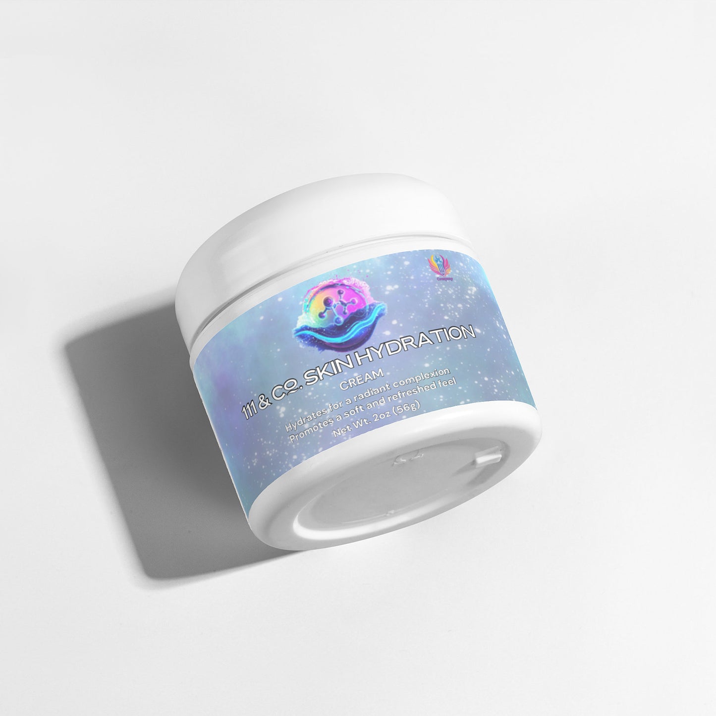 A white jar labeled 111 & COMPANY Skin Hydration Cream by 111 & Company, adorned with a rainbow-hued planet icon, sits casting a soft shadow on a light surface. Featuring hyaluronic acid, it promises enhanced skin elasticity.