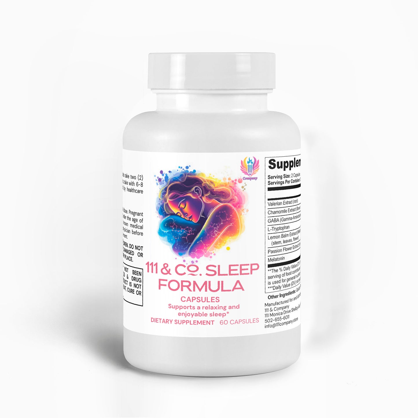 A white bottle labeled 111 & COMPANY SLEEP FORMULA CAPSULES from 111 & Company showcases a sleeping woman amidst vibrant colors. The label claims it Supports a relaxing and enjoyable sleep with Valerian Extract. The bottle has 60 capsules and includes supplement facts and instructions.