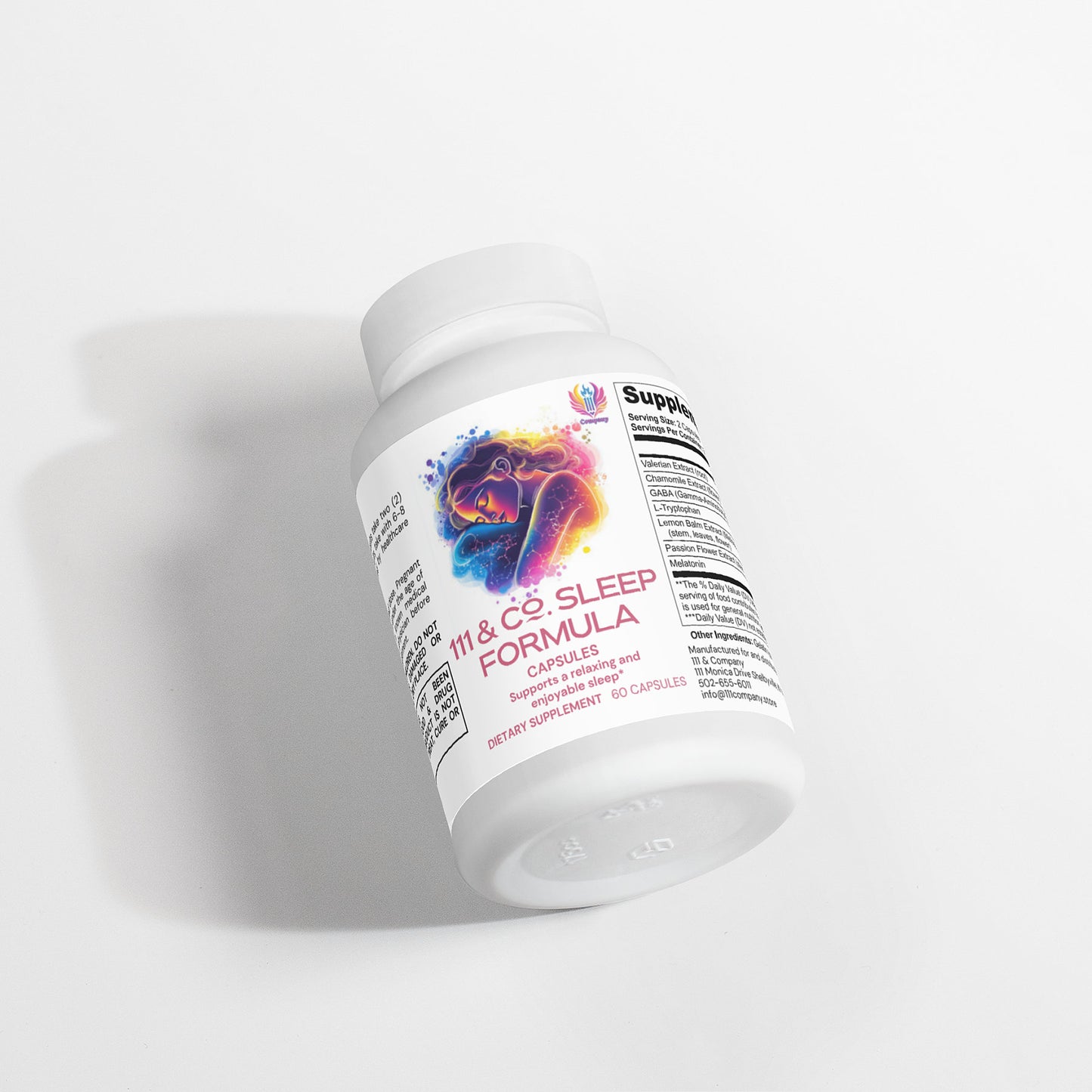 A white bottle labeled 111 & COMPANY SLEEP FORMULA CAPSULES from 111 & Company features a colorful heart and brain icon, detailing Capsules, Valerian Extract, and Dietary Supplement, 60 Capsules, casting a shadow on a light surface.