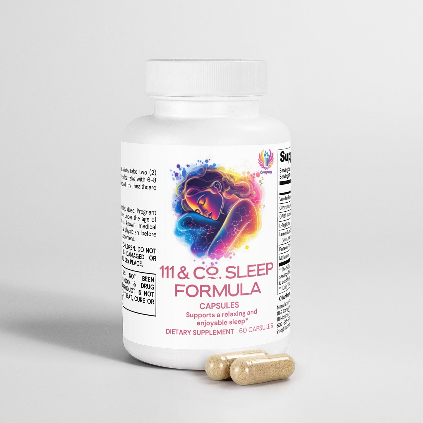 A white bottle of 111 & COMPANY SLEEP FORMULA CAPSULES by 111 & Company features a colorful design with a serene face, stars, and clouds. Two beige capsules with Valerian Extract for natural sleep support are displayed in front, totaling 60 capsules.