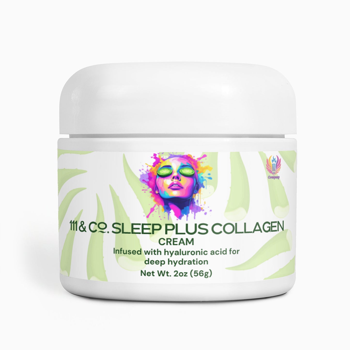 The 111 & COMPANY SLEEP PLUS COLLAGEN CREAM comes in a white 2 oz (56g) jar with a colorful, artistic face in sunglasses. Ideal for your skincare routine, it contains hyaluronic acid for deep hydration and is set against vibrant green leaf patterns.