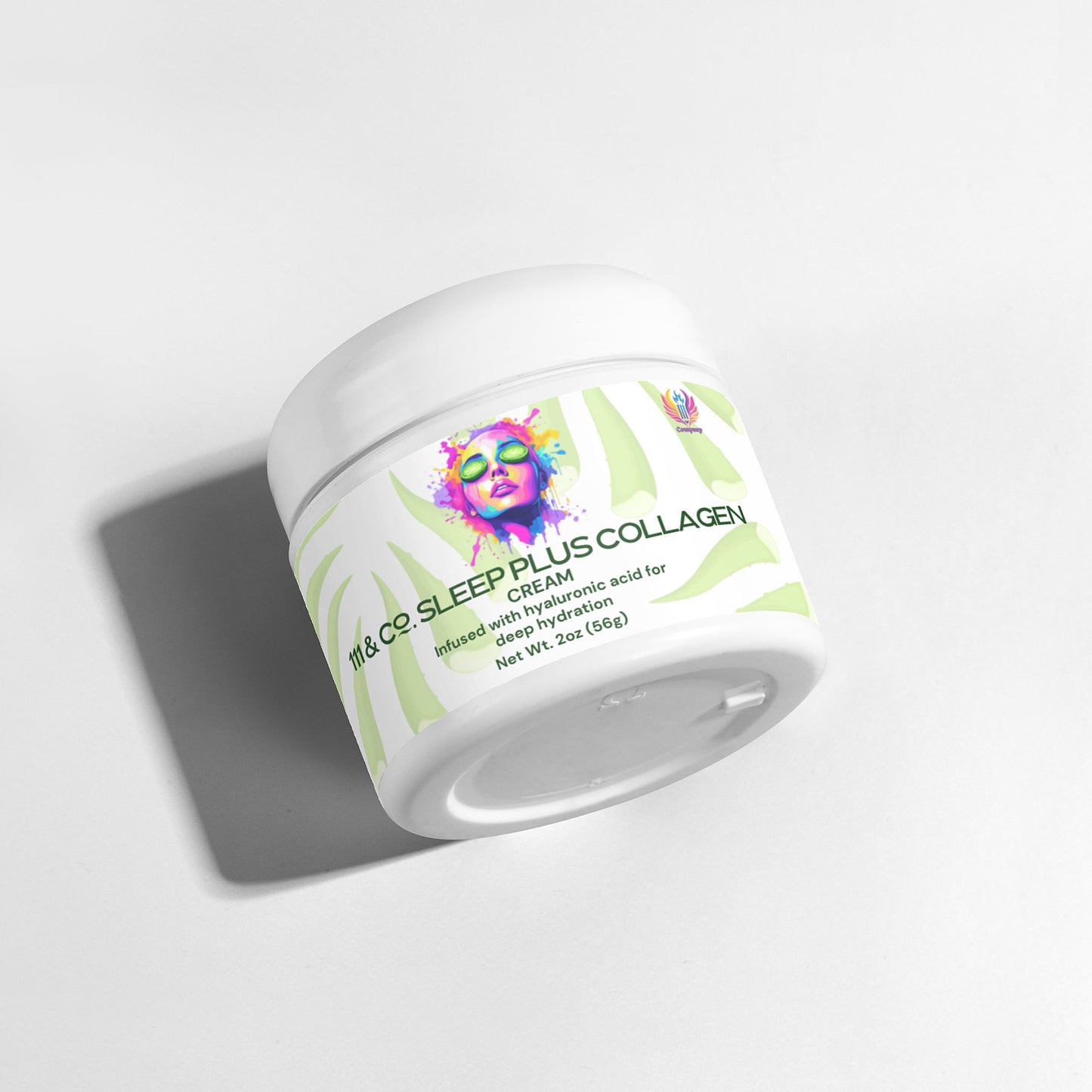 The 2 oz white jar of 111 & COMPANY SLEEP PLUS COLLAGEN CREAM features a green leaf pattern and abstract face on the label. Infused with hyaluronic acid, this hydrating formula is ideal for any skincare routine, casting a soft shadow on the light gray background.
