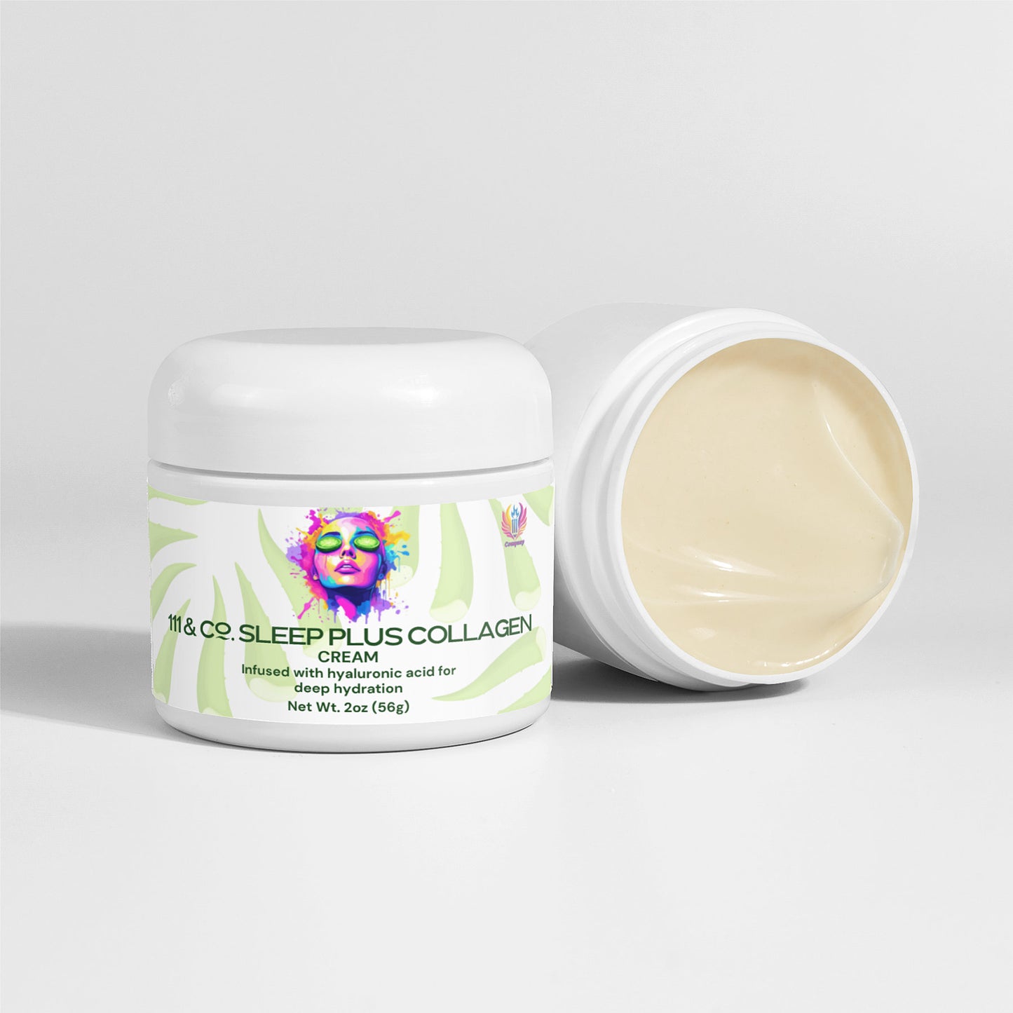 Two white jars of 111 & Company Sleep Plus Collagen Cream from 111 & Company are set against a white background. One closed jar displays a colorful logo and details on its hydrating hyaluronic acid formula, while the open jar reveals its creamy texture. Net weight: 2 oz (56g).