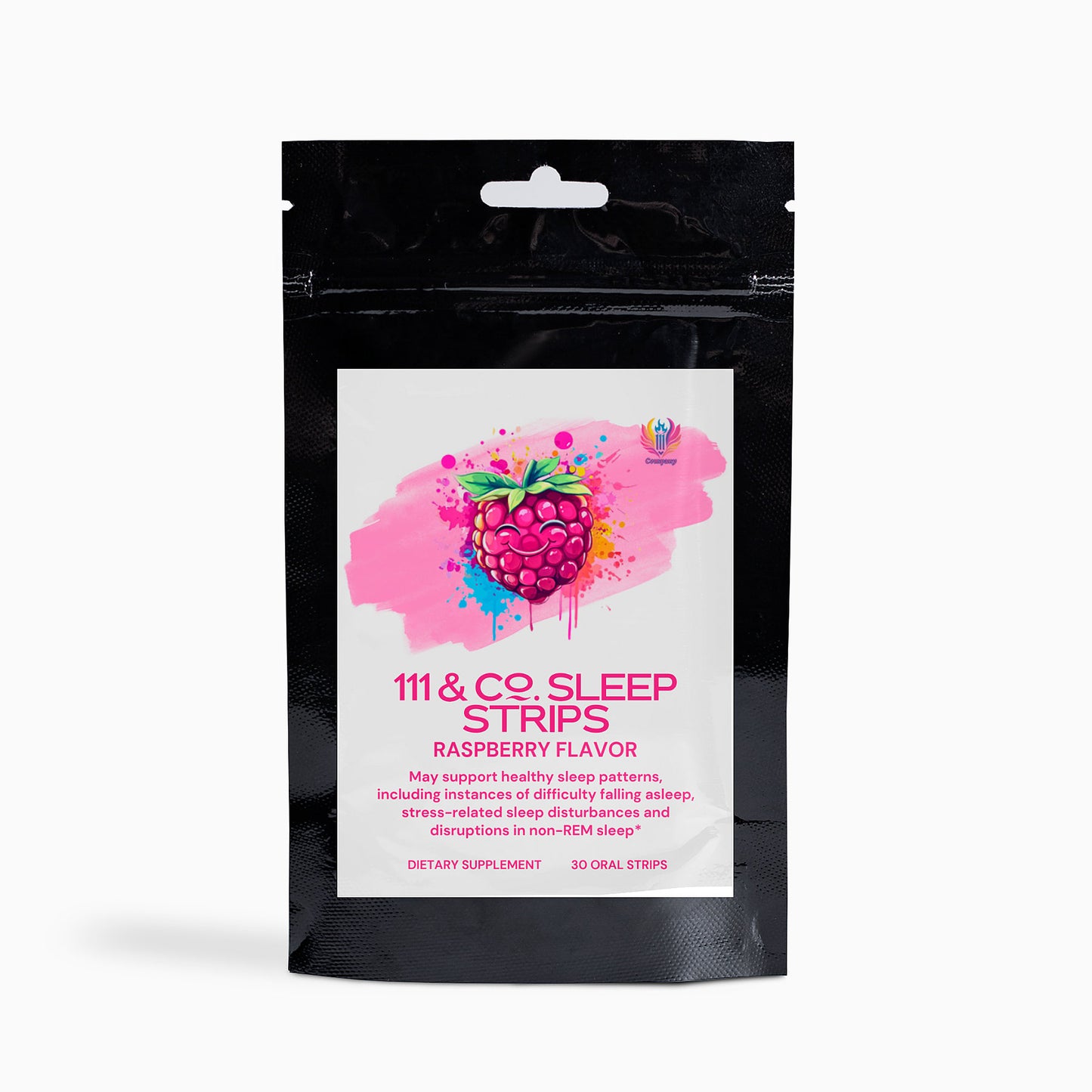 A black package with a white label showcases 111 & COMPANY SLEEP STRIPS BAG in purple text, featuring raspberries with a pink splash. This non-addictive aid from 111 & Company enhances sleep quality and offers 30 raspberry-flavored oral strips per pack.