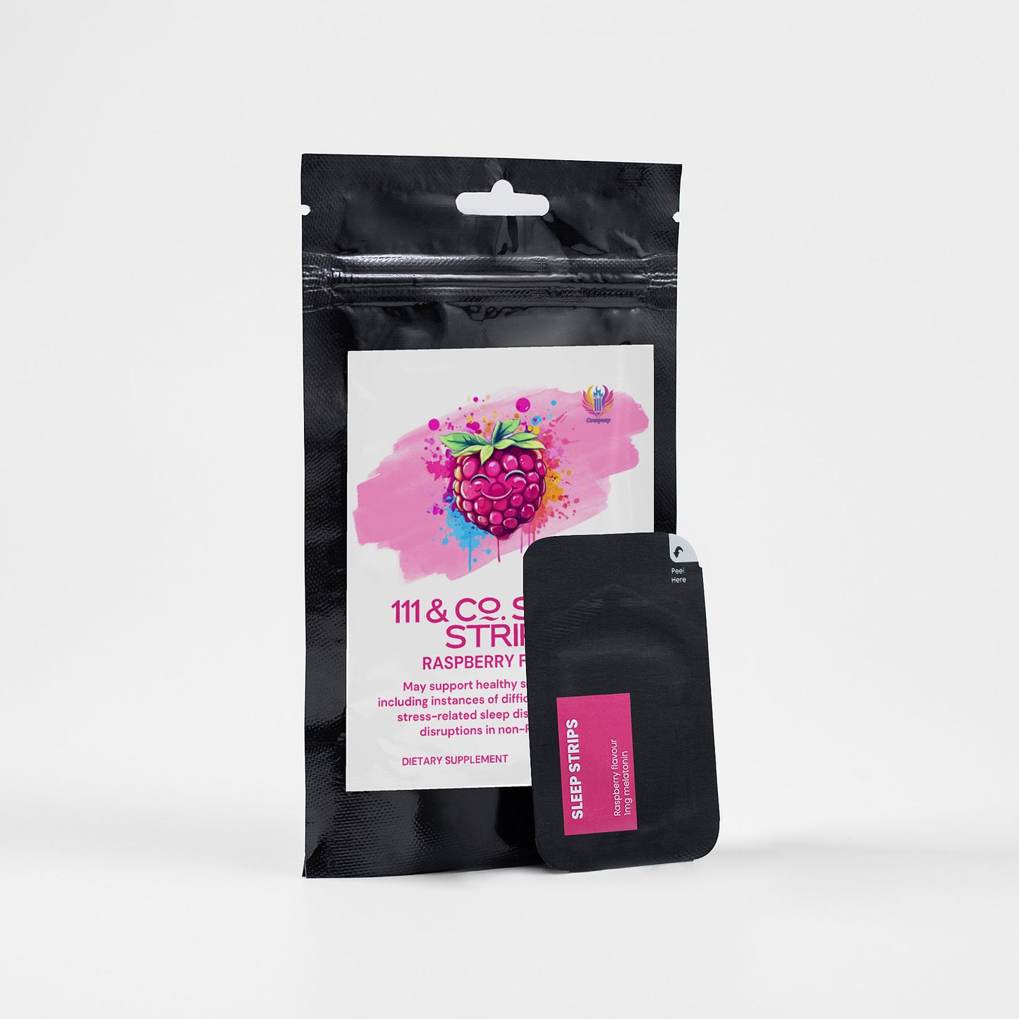 A black package of 111 & COMPANY SLEEP STRIPS BAG by 111 & Company is shown with a raspberry on pink watercolor. It highlights Raspberry Flavor as a non-addictive sleep aid, alongside a smaller packet with a pink label, ideal as sleep oral strips.