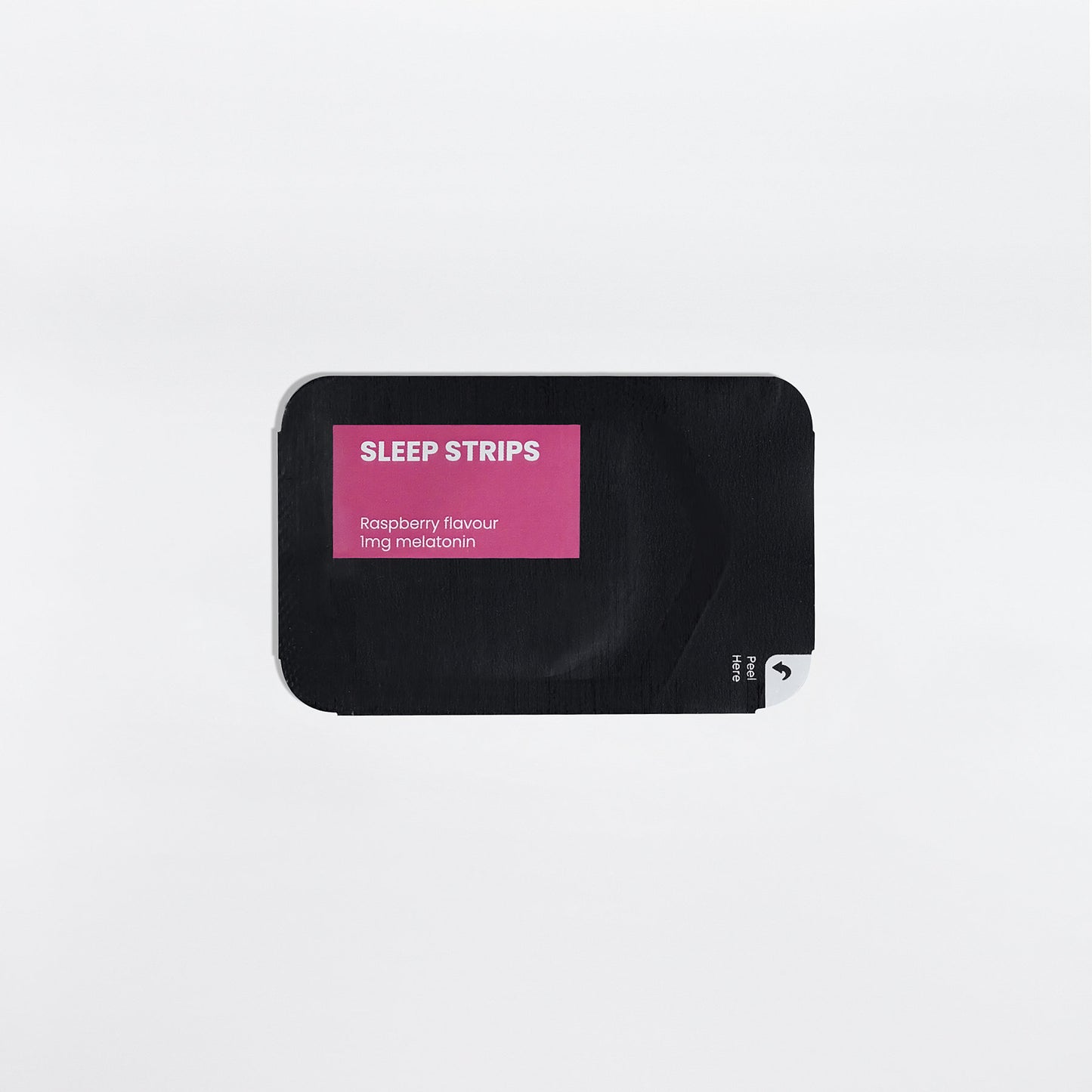 The black rectangular packet from 111 & Company, labeled 111 & COMPANY SLEEP STRIPS BAG, subtly promises to enhance sleep quality. It contains a non-addictive raspberry-flavored 1mg melatonin aid, with a minimalist design featuring rounded edges and an easy-open arrow on a plain white background.