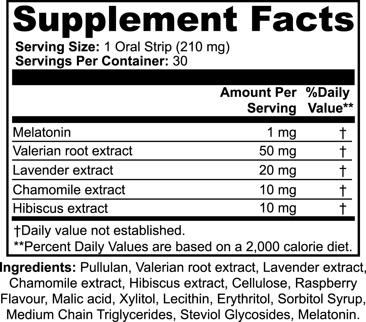 Introducing 111 & COMPANY SLEEP STRIPS BAG, a non-addictive sleeping aid with 1 mg Melatonin, 50 mg Valerian root extract, 20 mg Lavender extract, 10 mg Chamomile extract, and 10 mg Hibiscus extract. Includes flavors, syrups, and sweeteners. Serving size: 1 strip; contains 30 strips.