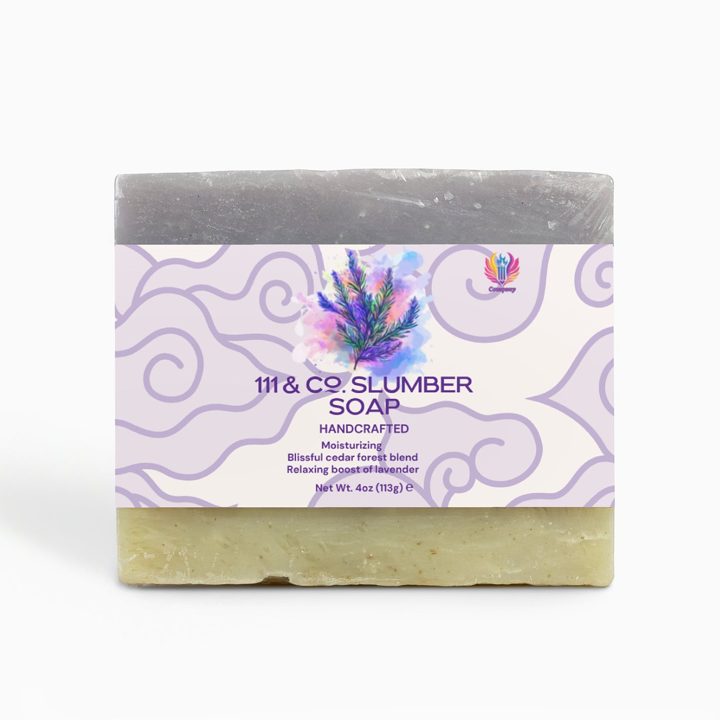 A two-tone bar of soap, dark purple atop beige, with the label 111 & COMPANY SLUMBER SOAP. It features a lavender sprig and claims to be Handcrafted, Moisturizing, with a cedar and fir forest blend, and a relaxing lavender boost. Net Wt. 4oz by 111 & Company.