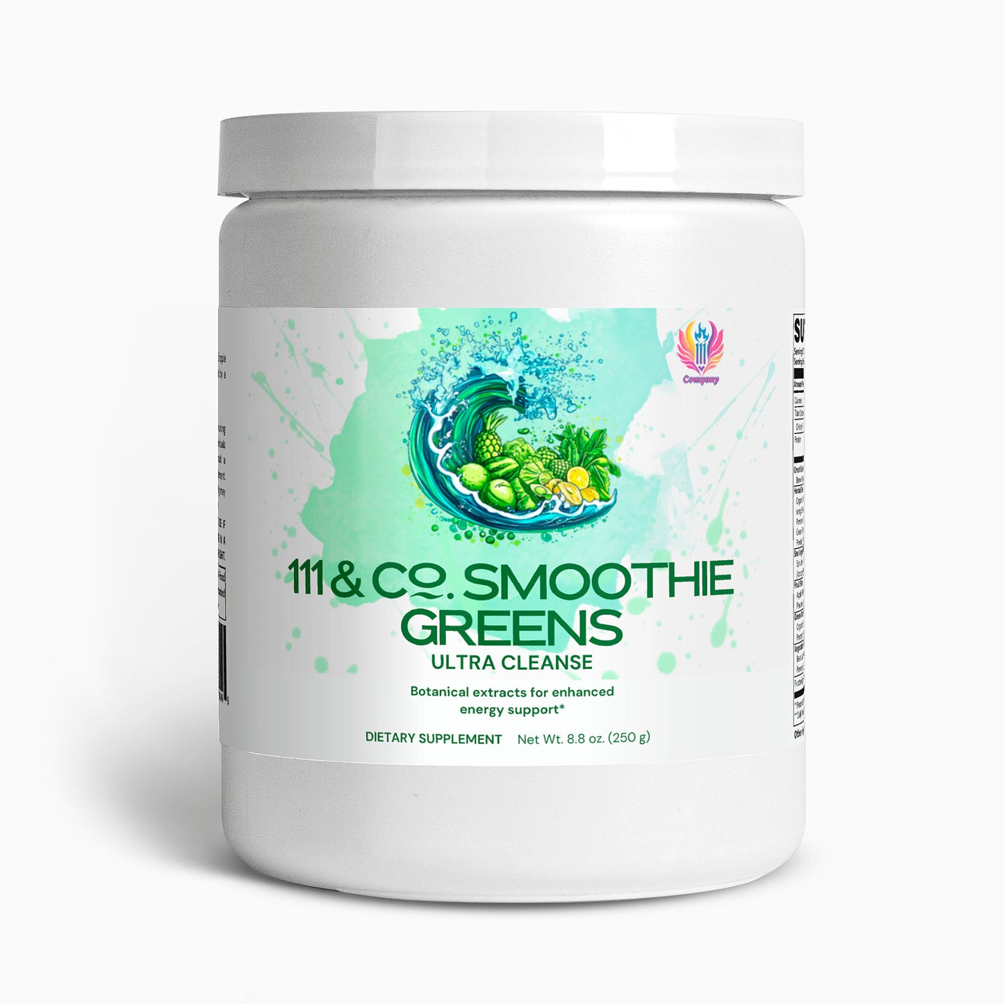 A white cylindrical container labeled 111 & COMPANY ULTRA CLEANSE SMOOTHIE GREENS from 111 & Company. The label features green veggies, fruits, and a splash of water, promoting it as a dietary supplement with adaptogens and botanicals for energy support, weighing 8.8 oz (250 g).
