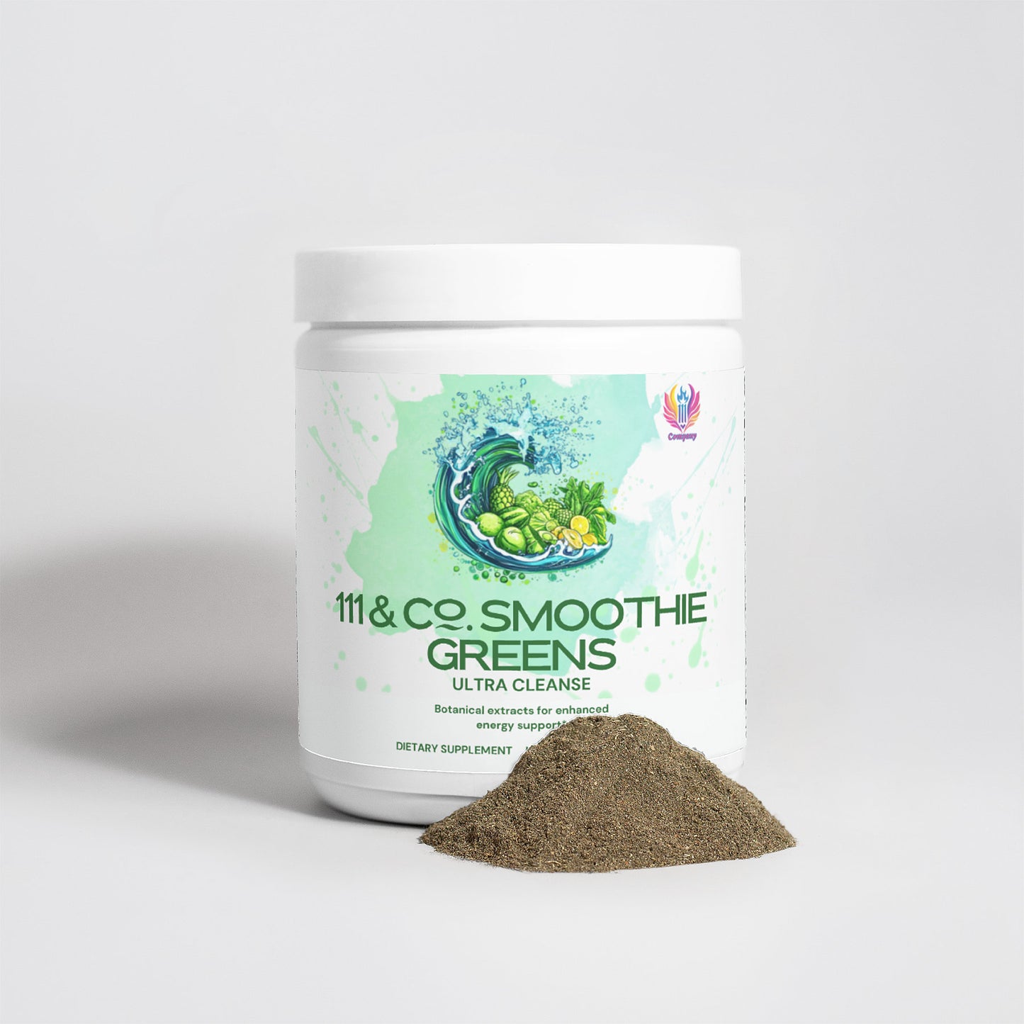 A white jar labeled 111 & COMPANY ULTRA CLEANSE SMOOTHIE GREENS by 111 & Company is shown next to green superfoods powder. The label has a green wave with broccoli and lime against a splashy background, promoting an adaptogenic dietary supplement.