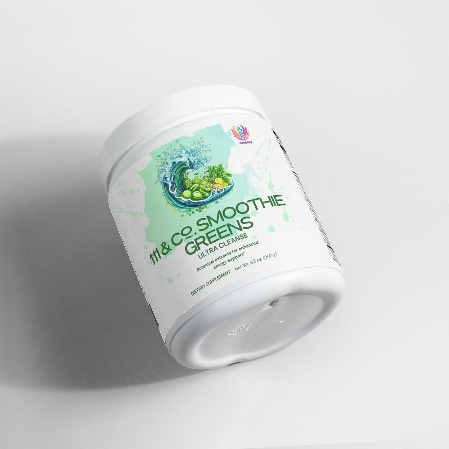 A cylindrical white container labeled 111 & COMPANY ULTRA CLEANSE SMOOTHIE GREENS from 111 & Company features a vibrant design of superfoods and green fruits splashing in water. Adaptogens are highlighted alongside product weight details, set against a neutral grey background with a holographic emblem.