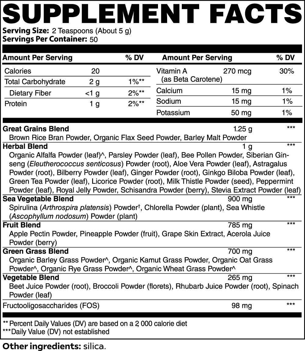The 111 & COMPANY ULTRA CLEANSE SMOOTHIE GREENS by 111 & Company features a black and white supplement facts label with nutritional info: 20 calories, 6g carbs, 15mg sodium, 50mg potassium. Contains adaptogens like eleuthero and astragalus, chlorophyll superfoods, and sea vegetables.