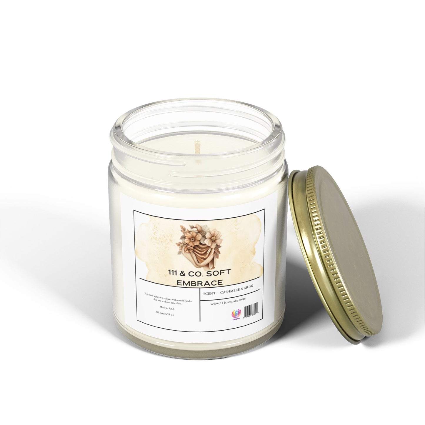 In a clear glass jar with a gold lid and label adorned with pinecones and flowers, the 111 & Company Soft Embrace candle from 111 & Company offers the soothing Cashmere Musk scent. Made from eco-friendly coconut apricot wax, this 9oz white single-wick candle lasts up to 50 hours.