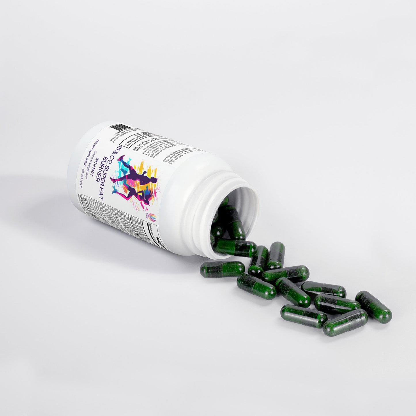 A white bottle labeled 111 & COMPANY SUPER FAT BURNER WITH MCT from 111 & Company lies on its side, spilling uniformly shaped dark green capsules across a plain surface. The label hints at weight loss benefits and features colorful graphics with partially visible text.