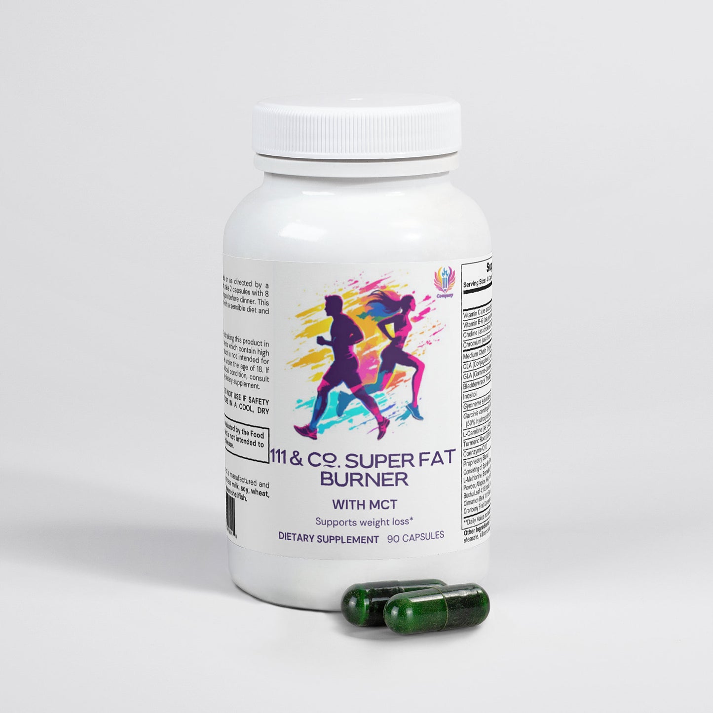 A white bottle labeled 111 & Company Super Fat Burner with MCT by 111 & Company features a vibrant running silhouette and contains 90 capsules for weight loss support. Two green capsules lie nearby, highlighting its effective fat-burning focus against a neutral backdrop.