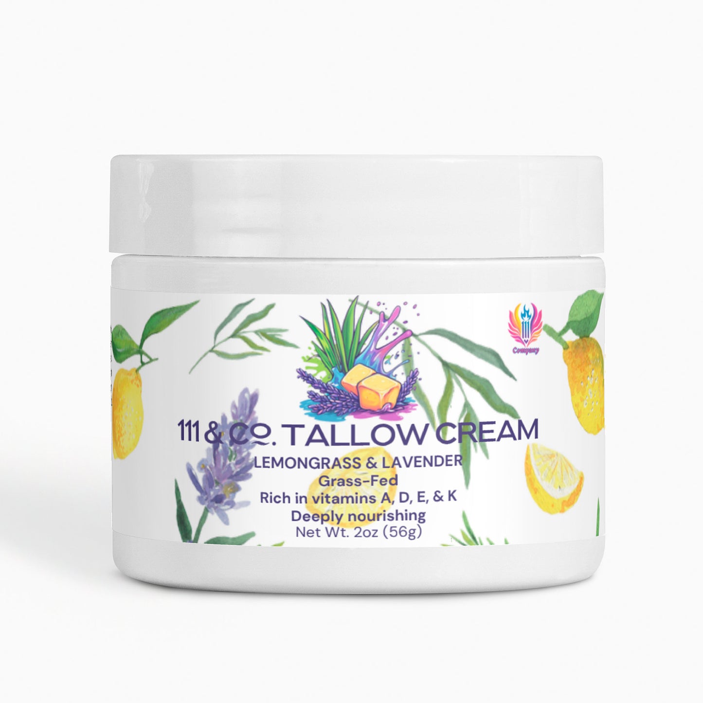 A white jar labeled 111 & Company Tallow Cream Lemongrass & Lavender shows lemongrass, lavender, butter, and lemon slice art. The label offers “Luxurious Hydration” for sensitive skin, vitamins A, D, E & K; net wt 2oz (56g).