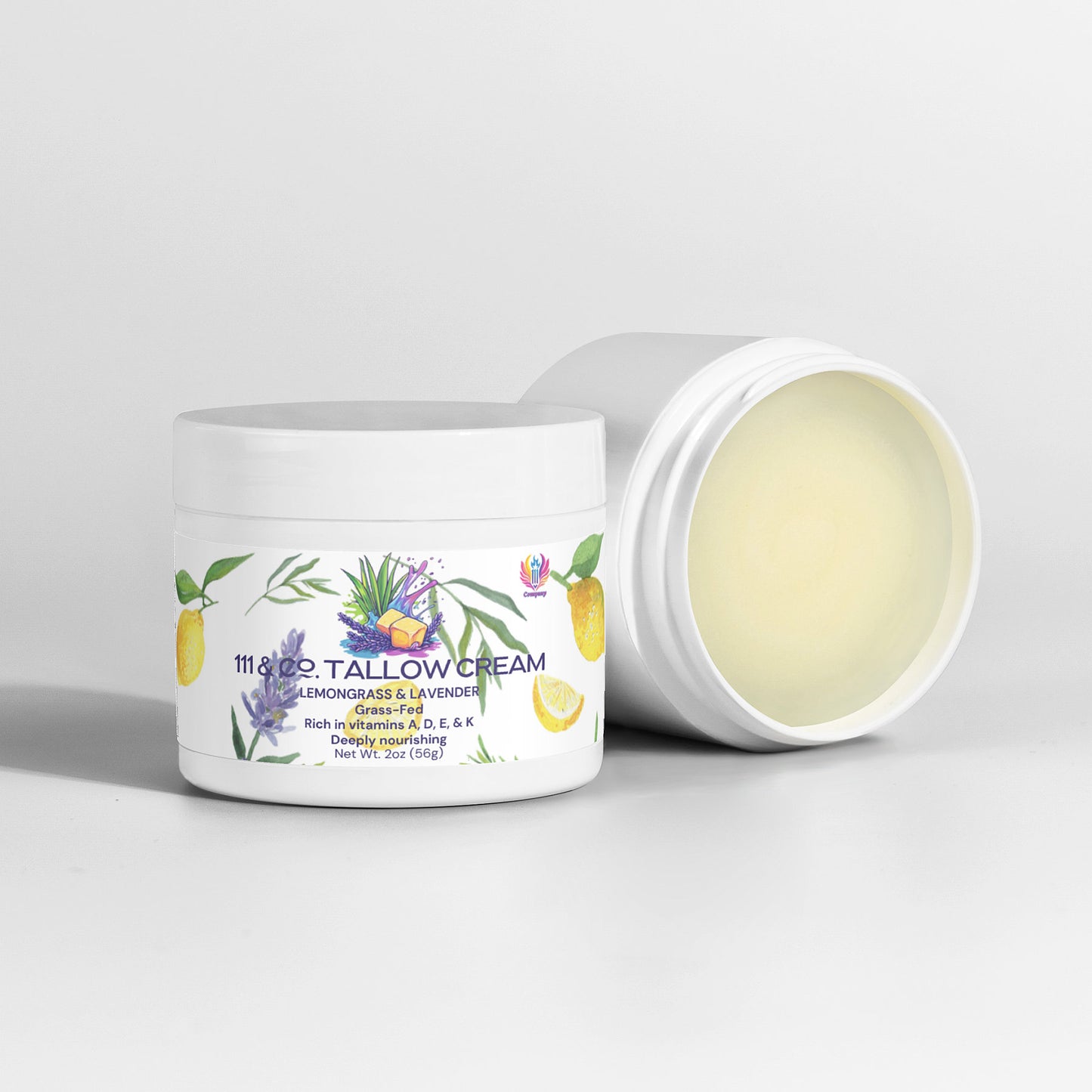 Two white jars of 111 & Company Tallow Cream Lemongrass & Lavender, one open and one closed, sit on a light background. The label displays lemongrass, lavender, and lemon illustrations, emphasizing hydration for sensitive skin.
