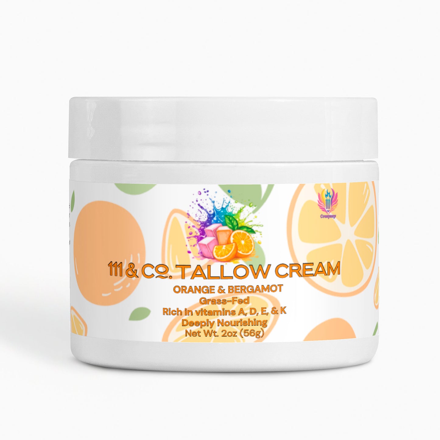A 2 oz white jar of 111 & Company Tallow Cream Orange & Bergamot features orange and bergamot slice illustrations. Made with Grass-Fed Beef Tallow, its rich in vitamins A, D, E, & K for deep nourishment and showcases a colorful logo on the top right.