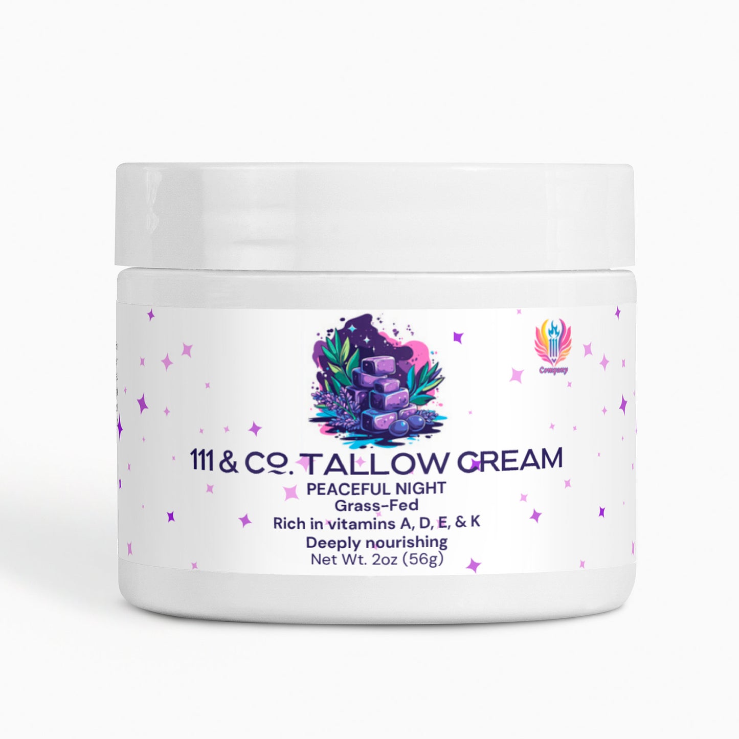 The 111 & Company Tallow Cream Peaceful Night from 111 & Company is in a white jar with purple stone and leaf illustrations. It highlights grass-fed ingredients, hydration, and vitamins A, D, E, & K. Net weight: 2 oz (56g). A small colorful logo is in the top right corner.