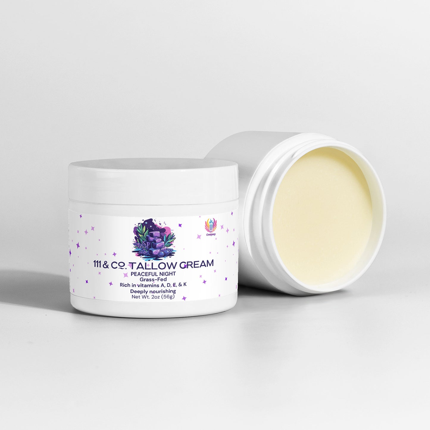 Two jars of 111 & Company Tallow Cream Peaceful Night from 111 & Company sit against a white background. The front jar displays its logo with hydration and fatty acid benefits, while the second jar is open, revealing the smooth, pale yellow cream inside.