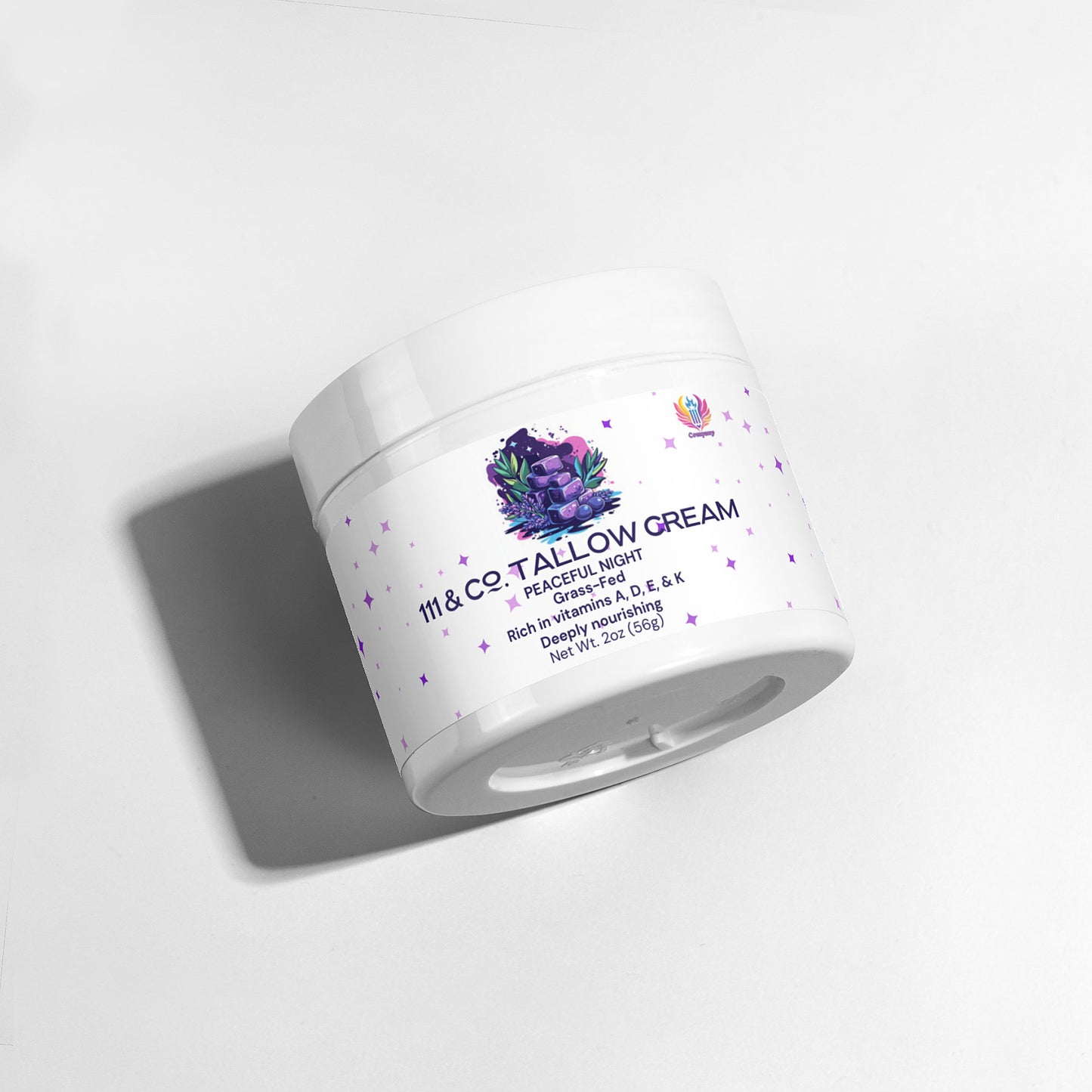 A white jar of 111 & Company Tallow Cream Peaceful Night by 111 & Company is elegantly tilted on a pristine background. The closed lid and label highlight a purple and blue floral design, emphasizing hydration with fatty acids and vitamins A, B3, C, D, E, K for night use. Net weight: 2oz (56g).