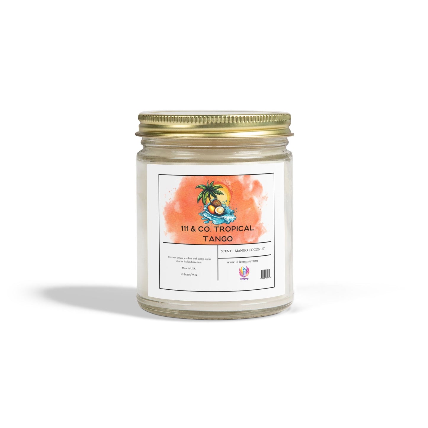 The 111 & Company Tropical Tango Candle features a coconut mango scent in a clear jar with eco-friendly coconut apricot wax. Its golden lid complements the watercolor palm and beach label, creating a minimalist look on its white background.