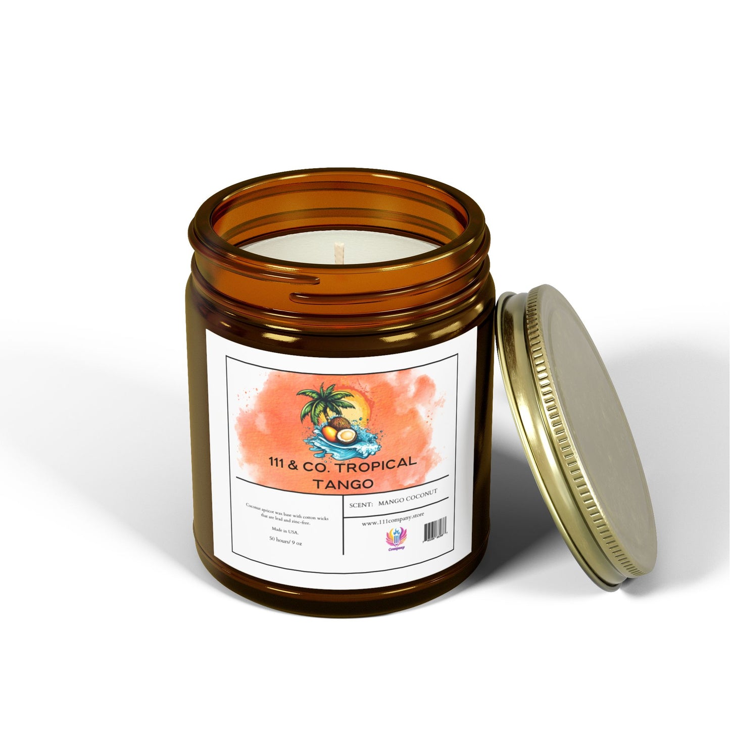 An amber jar holds the 111 & Company Tropical Tango Coconut Mango Scented Candle by 111 & Company, adorned with a watercolor-style palm tree and coconut image. The gold lid beside the jar complements the eco-friendly coconut apricot wax candle, all set on a white surface.